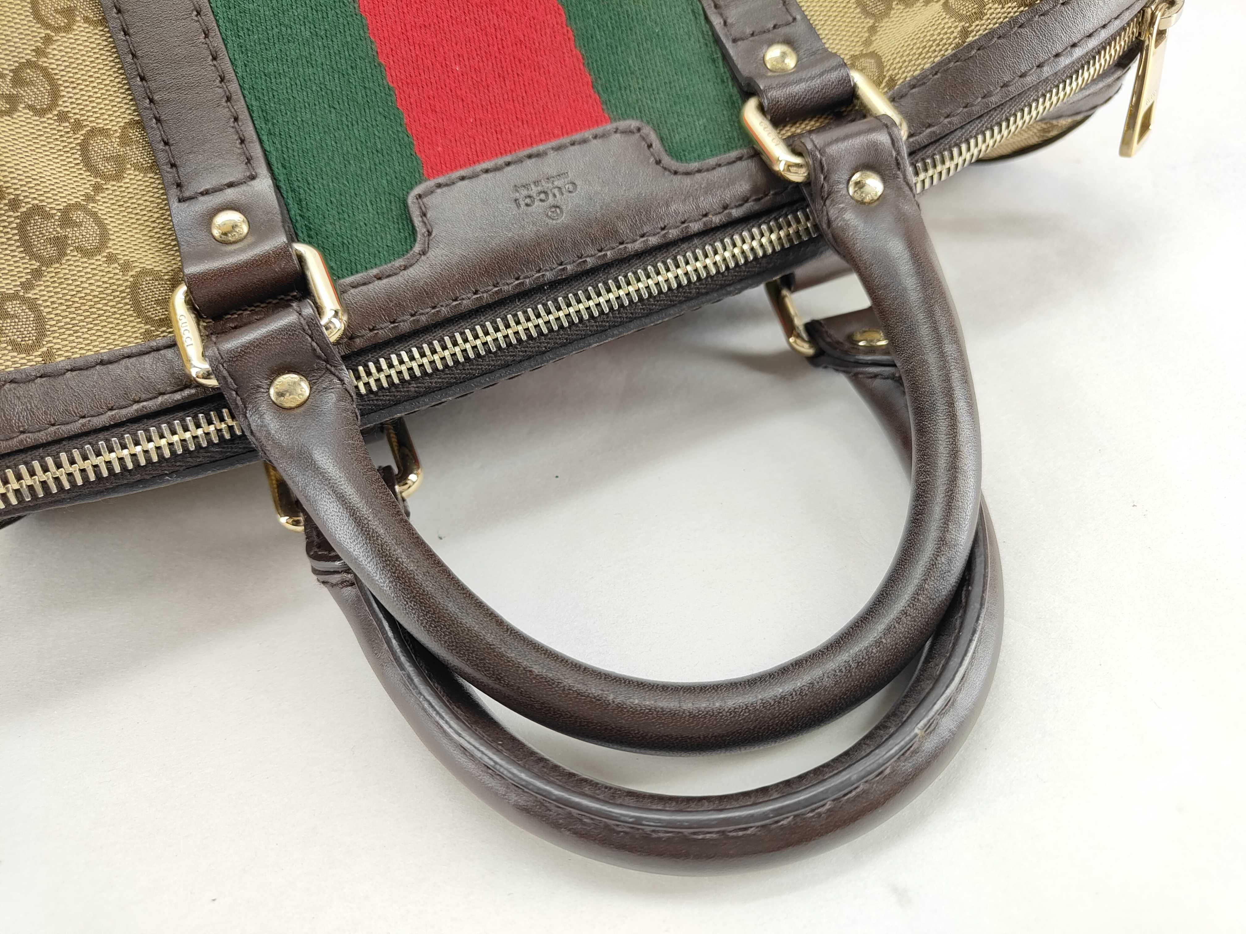 ID- GG Supreme Canvas & Cow Skin 2-Way Handbag Beige & Brown #247205 Boston Bag — view 3