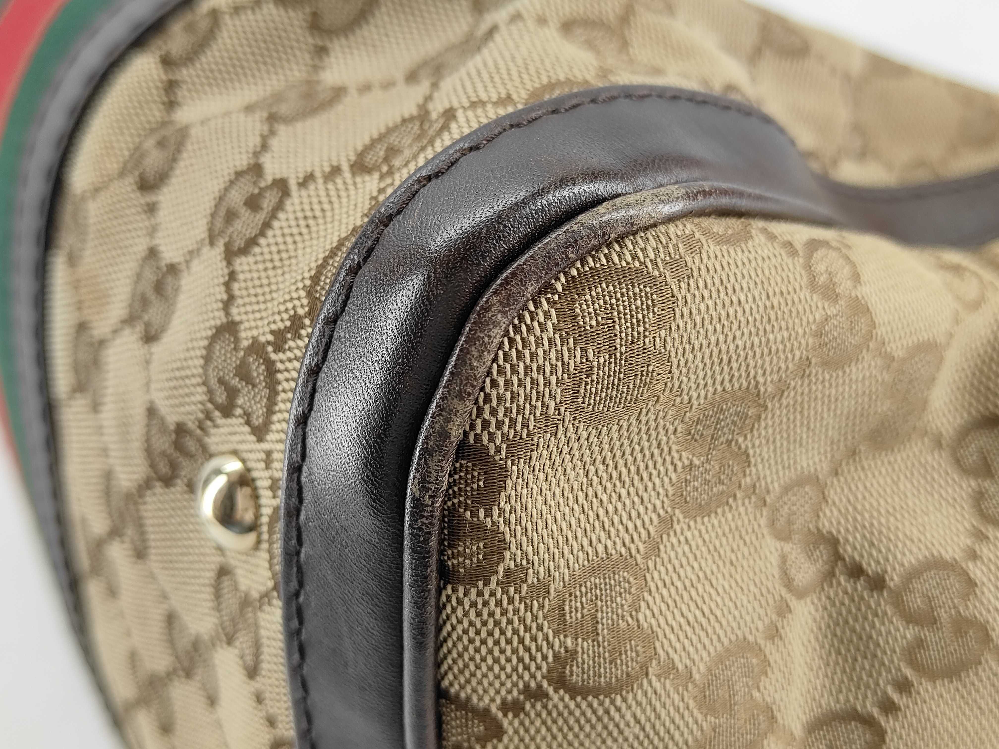 ID- GG Supreme Canvas & Cow Skin 2-Way Handbag Beige & Brown #247205 Boston Bag — view 8