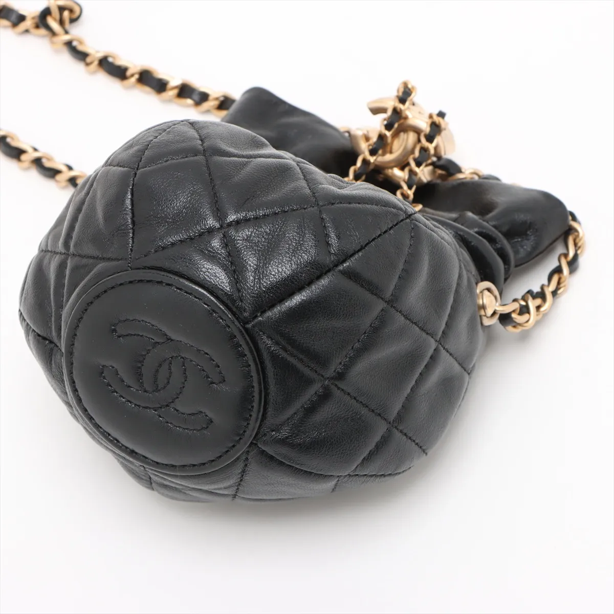 Matelasse Lambskin Chain Shoulder Bag Drawstring Black Gold Hardware CAT0LX19 Random Serial — view 3