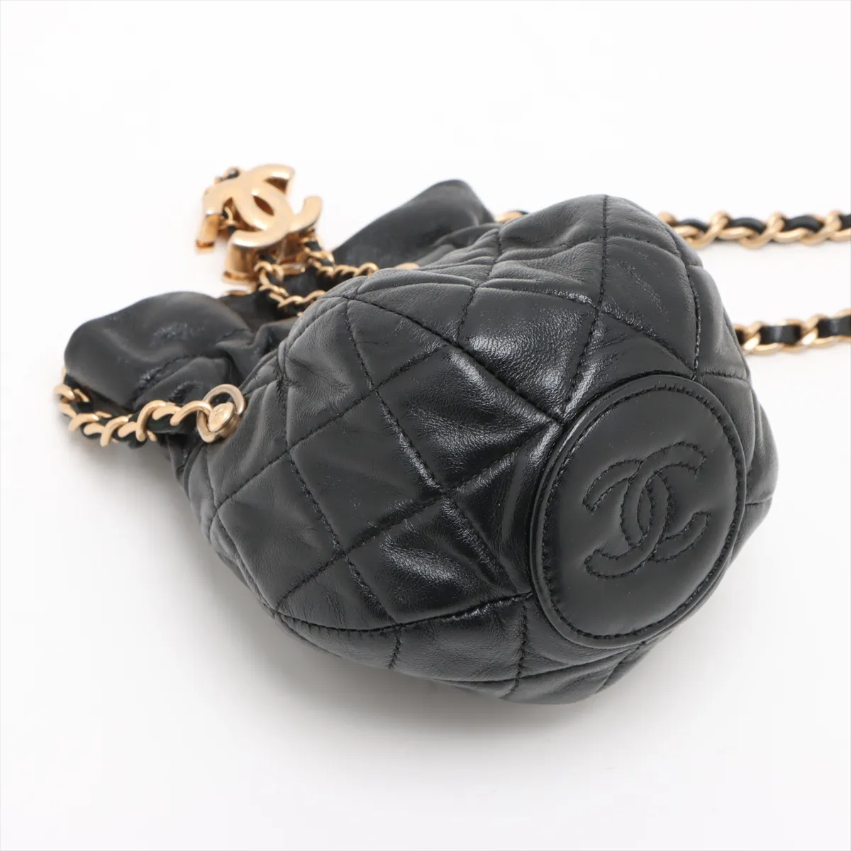 Matelasse Lambskin Chain Shoulder Bag Drawstring Black Gold Hardware CAT0LX19 Random Serial — view 4