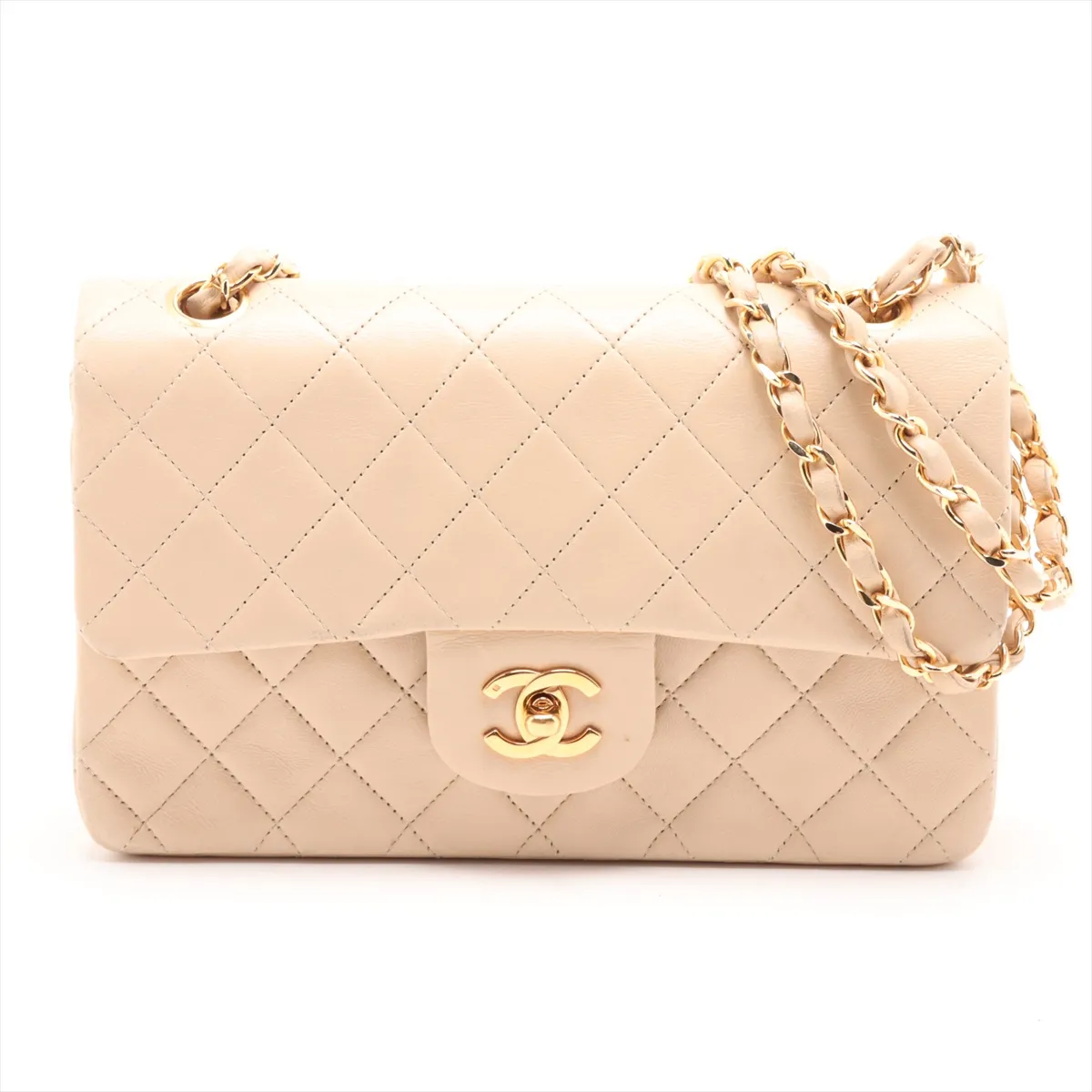 Matelassé 23 Small Lambskin Double Flap Double Chain Bag, Beige, Gold Hardware, 0690731, Serial Number 0-series, A01113