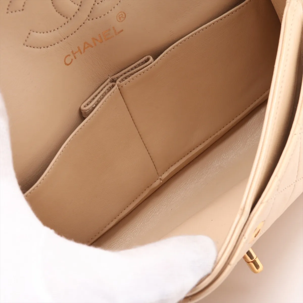 Matelassé 23 Small Lambskin Double Flap Double Chain Bag, Beige, Gold Hardware, 0690731, Serial Number 0-series, A01113 — view 7