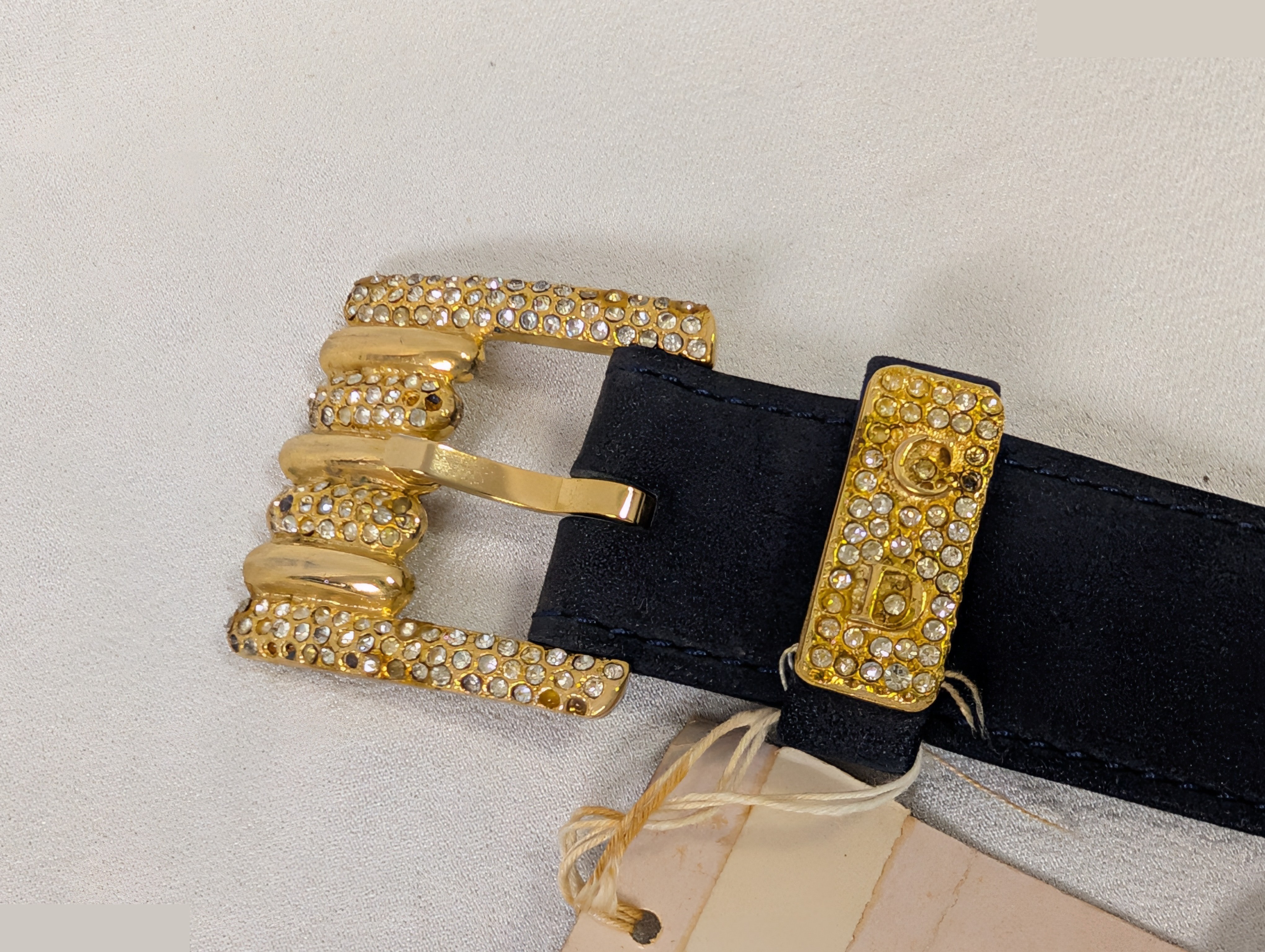 Velour and leather belt with rhinestones, CD logo, and "65" stamp. — view 4