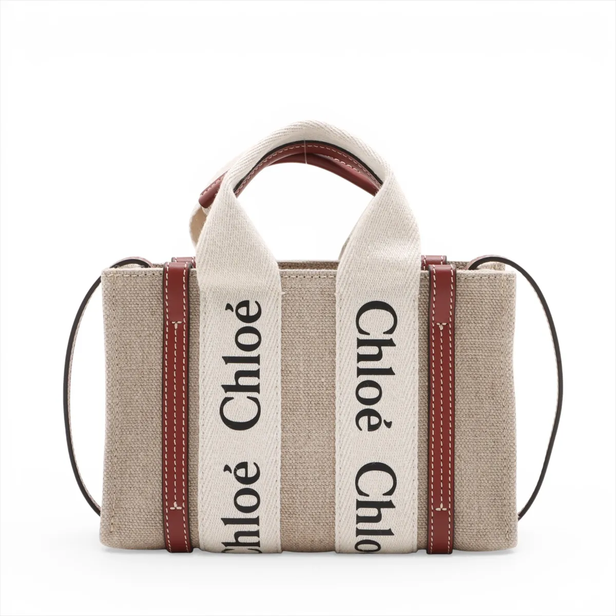 Woody Mini Canvas x Leather 2-Way Handbag, Beige — view 2