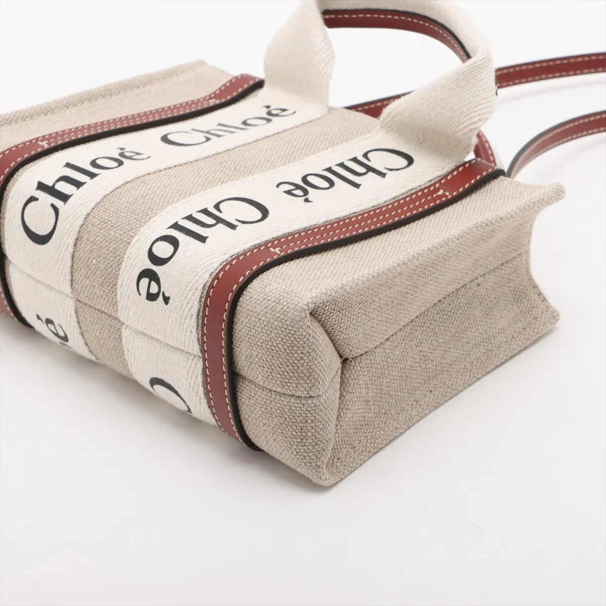 Woody Mini Canvas x Leather 2-Way Handbag, Beige — view 3
