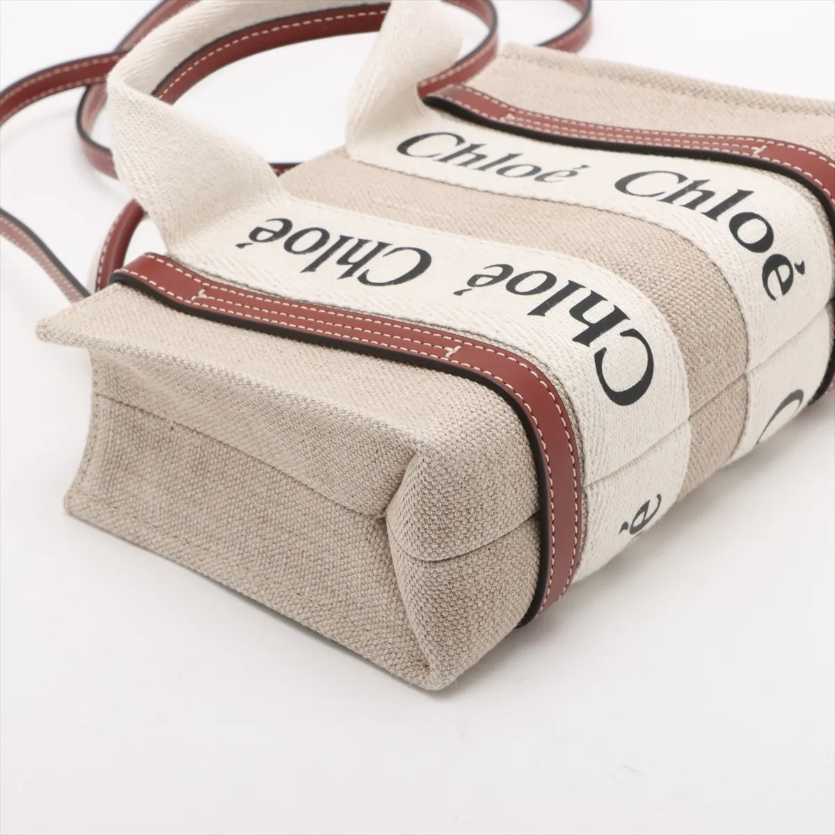 Woody Mini Canvas x Leather 2-Way Handbag, Beige — view 4