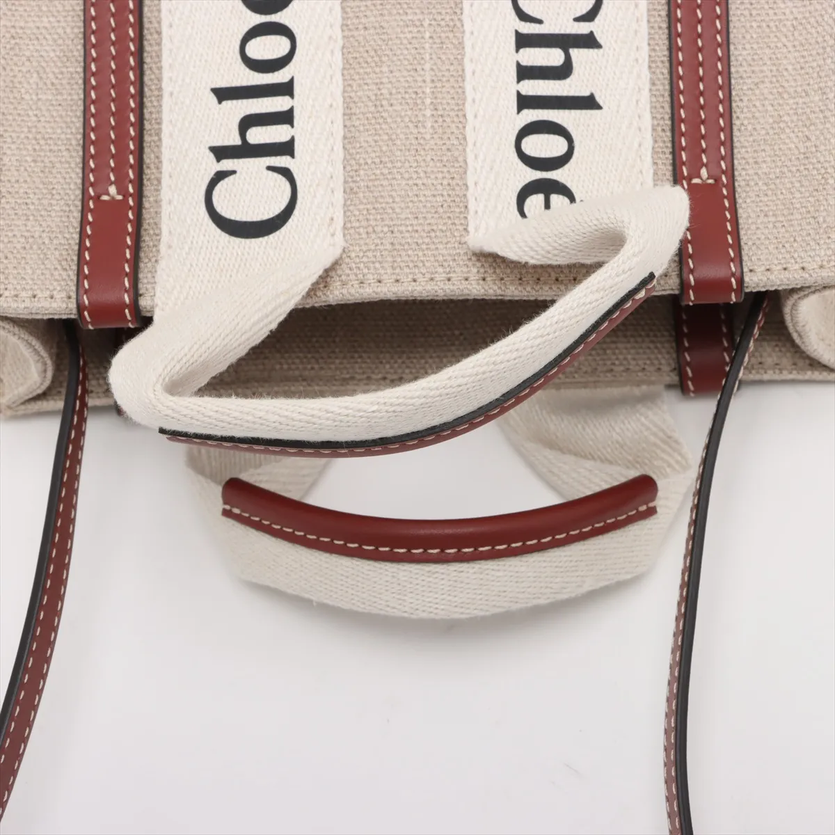 Woody Mini Canvas x Leather 2-Way Handbag, Beige — view 5