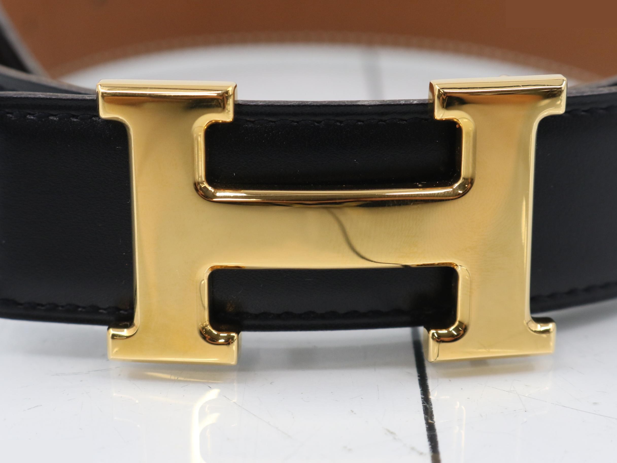 H-buckle leather belt, black with gold hardware, Z stamp, size 75 — view 3