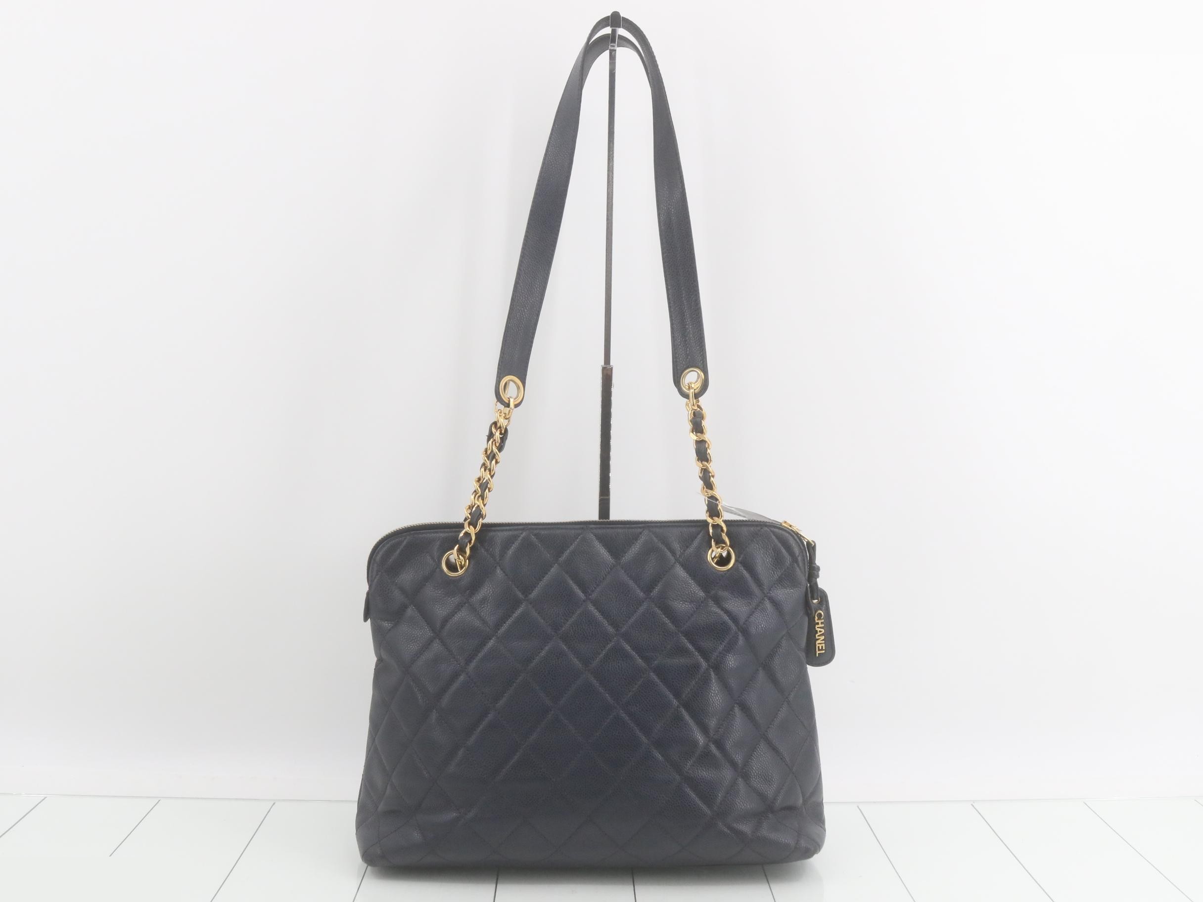 Matelassé Caviar Skin Double Chain Shoulder Bag, Navy — view 2