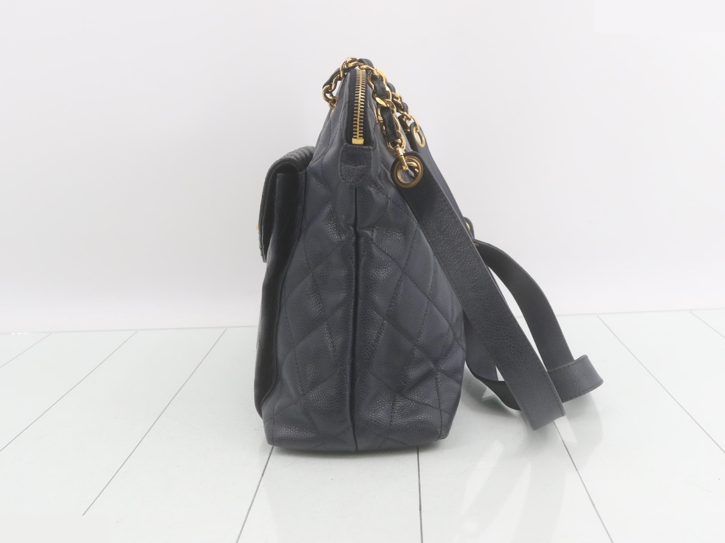 Matelassé Caviar Skin Double Chain Shoulder Bag, Navy — view 3