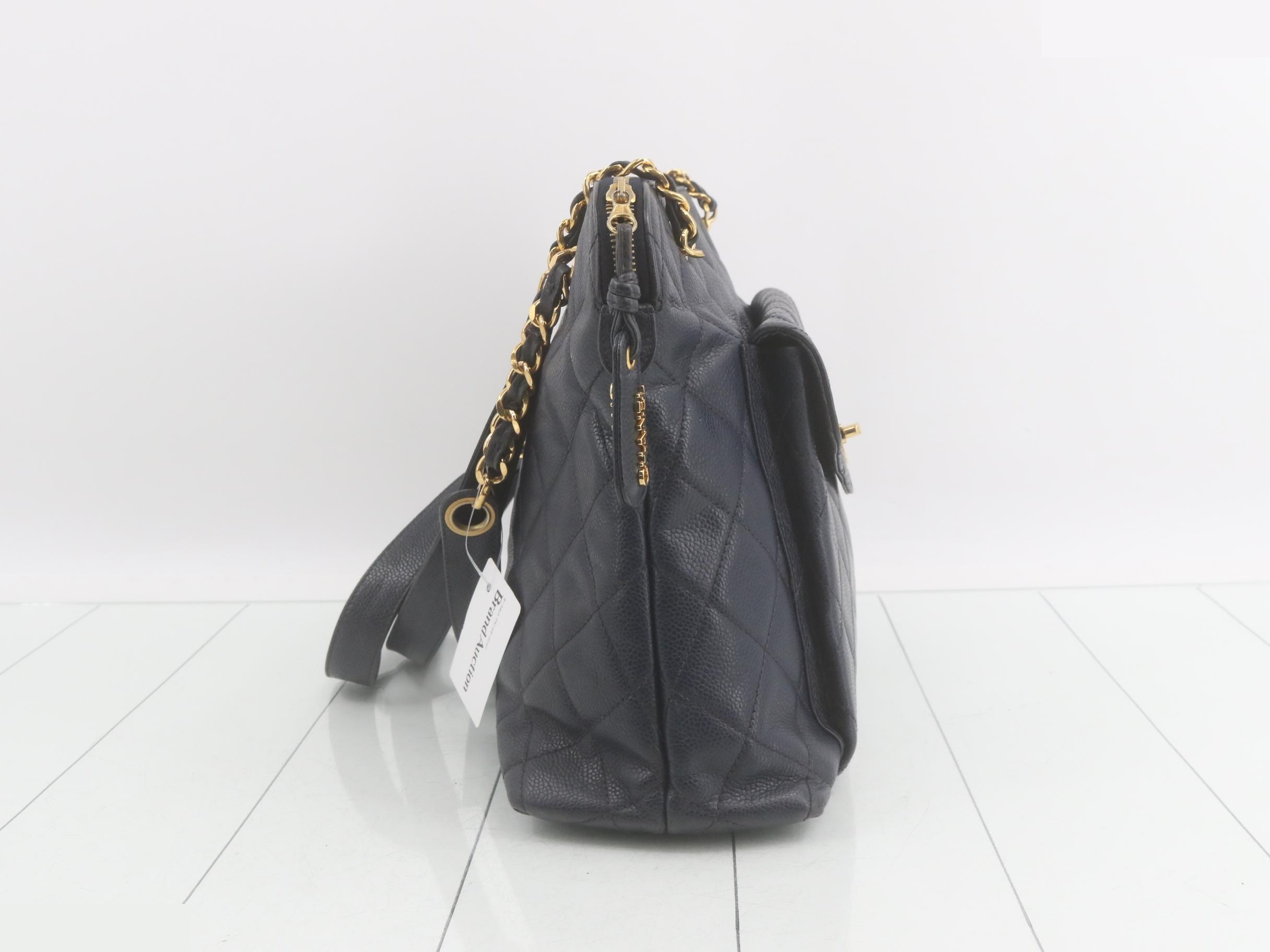 Matelassé Caviar Skin Double Chain Shoulder Bag, Navy — view 4