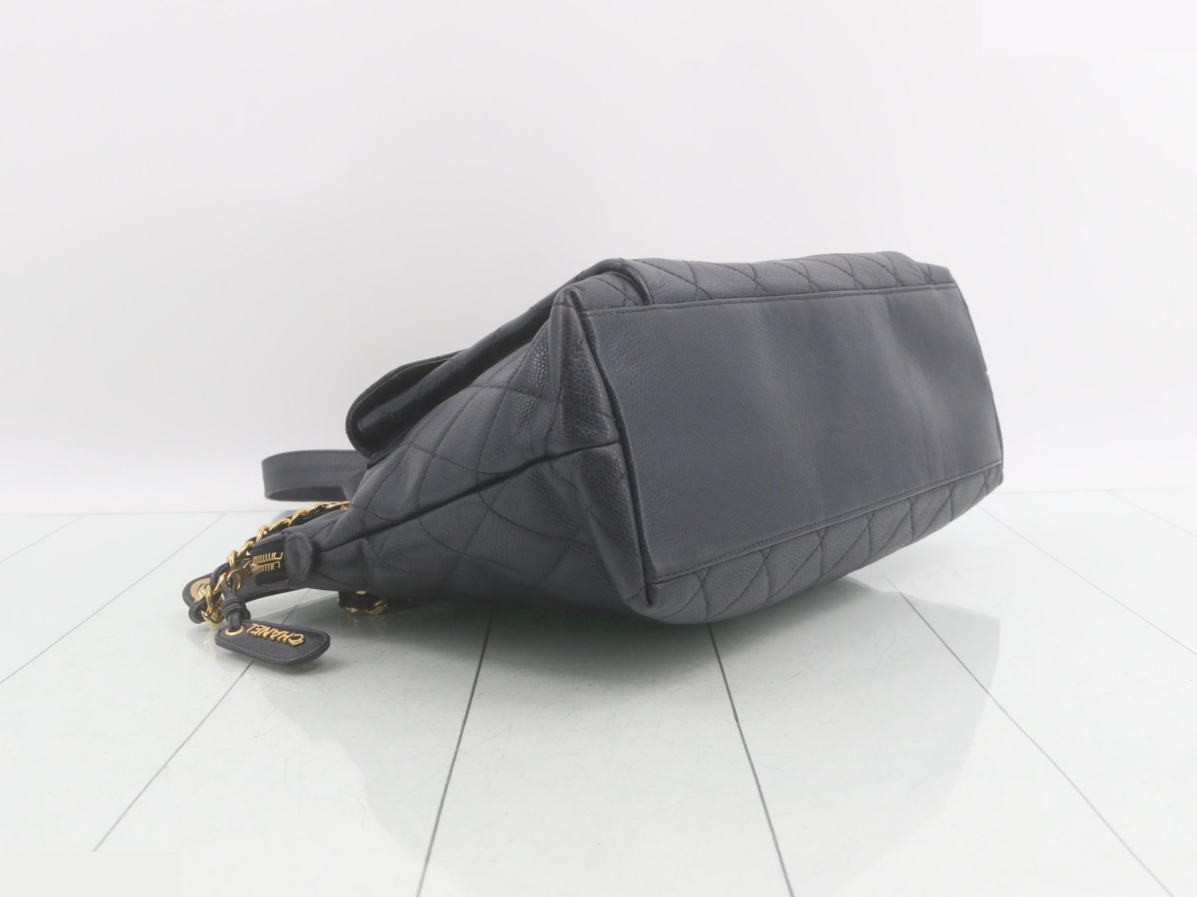Matelassé Caviar Skin Double Chain Shoulder Bag, Navy — view 5