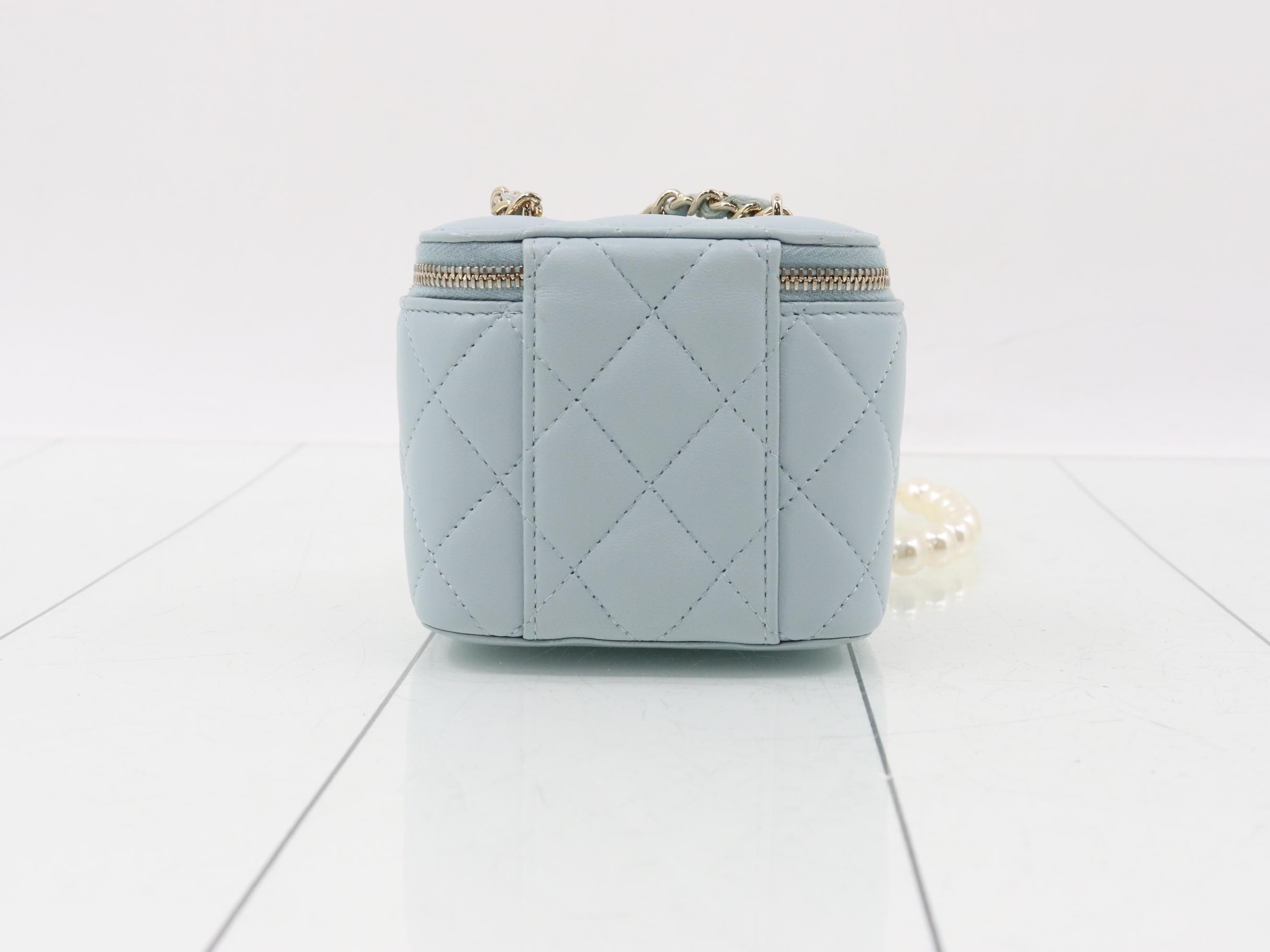 Matelassé Lambskin Coco Mark Vanity Case/Pearl Chain Shoulder Bag (Blue) — view 2
