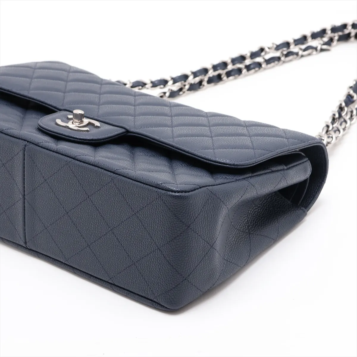 Large Matelassé 30 Caviar Skin Double Flap Double Chain Bag, Navy, Silver Hardware, 16590585, Serial Number 16-series, A58600 — view 3