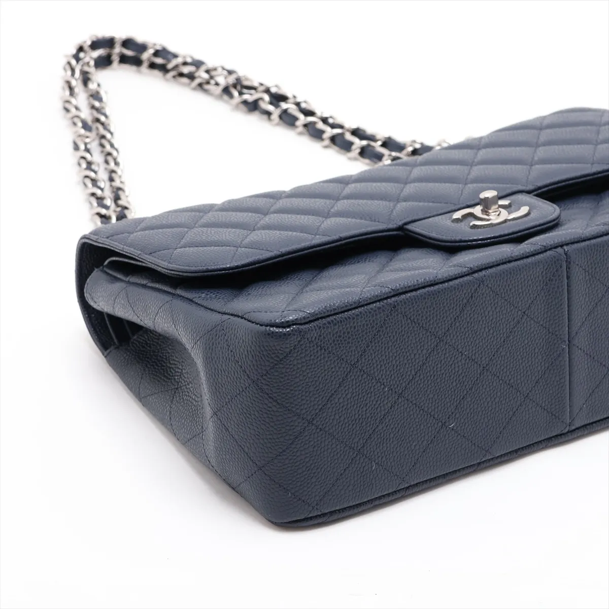 Large Matelassé 30 Caviar Skin Double Flap Double Chain Bag, Navy, Silver Hardware, 16590585, Serial Number 16-series, A58600 — view 4