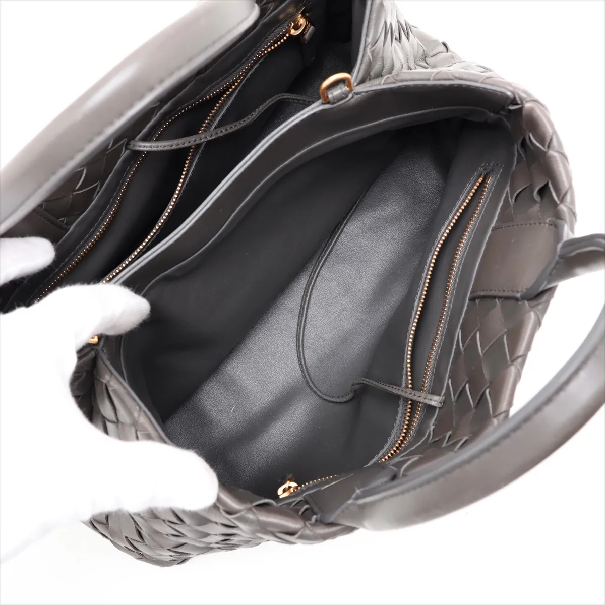 Intrecciato Leather 2-Way Handbag, Gray — view 8