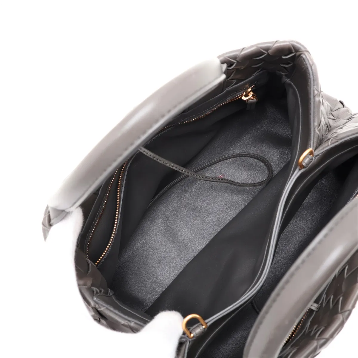 Intrecciato Leather 2-Way Handbag, Gray — view 9