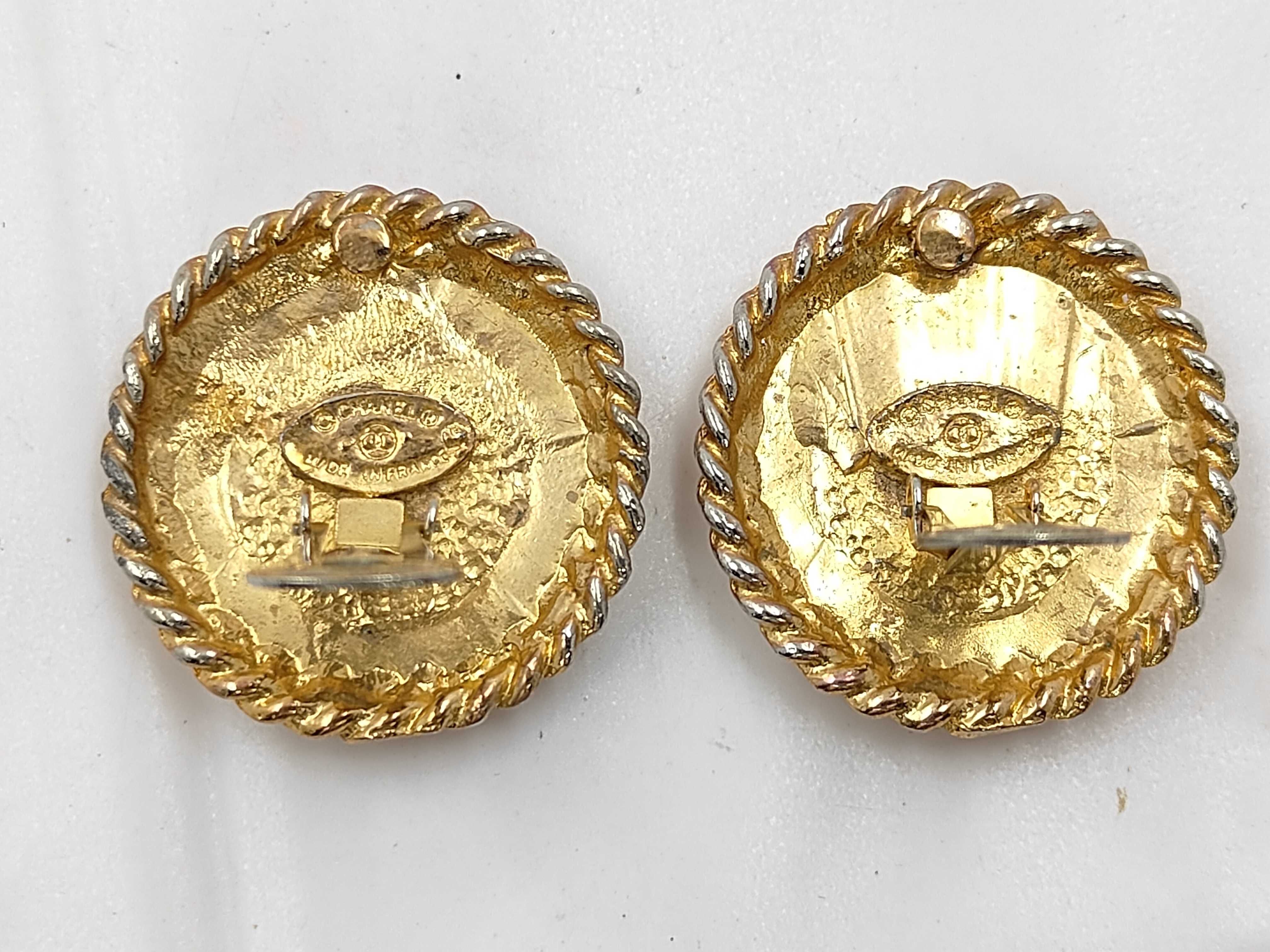 Coco Mark Black Gold Rhinestone Earrings with Engraved Plate — view 2