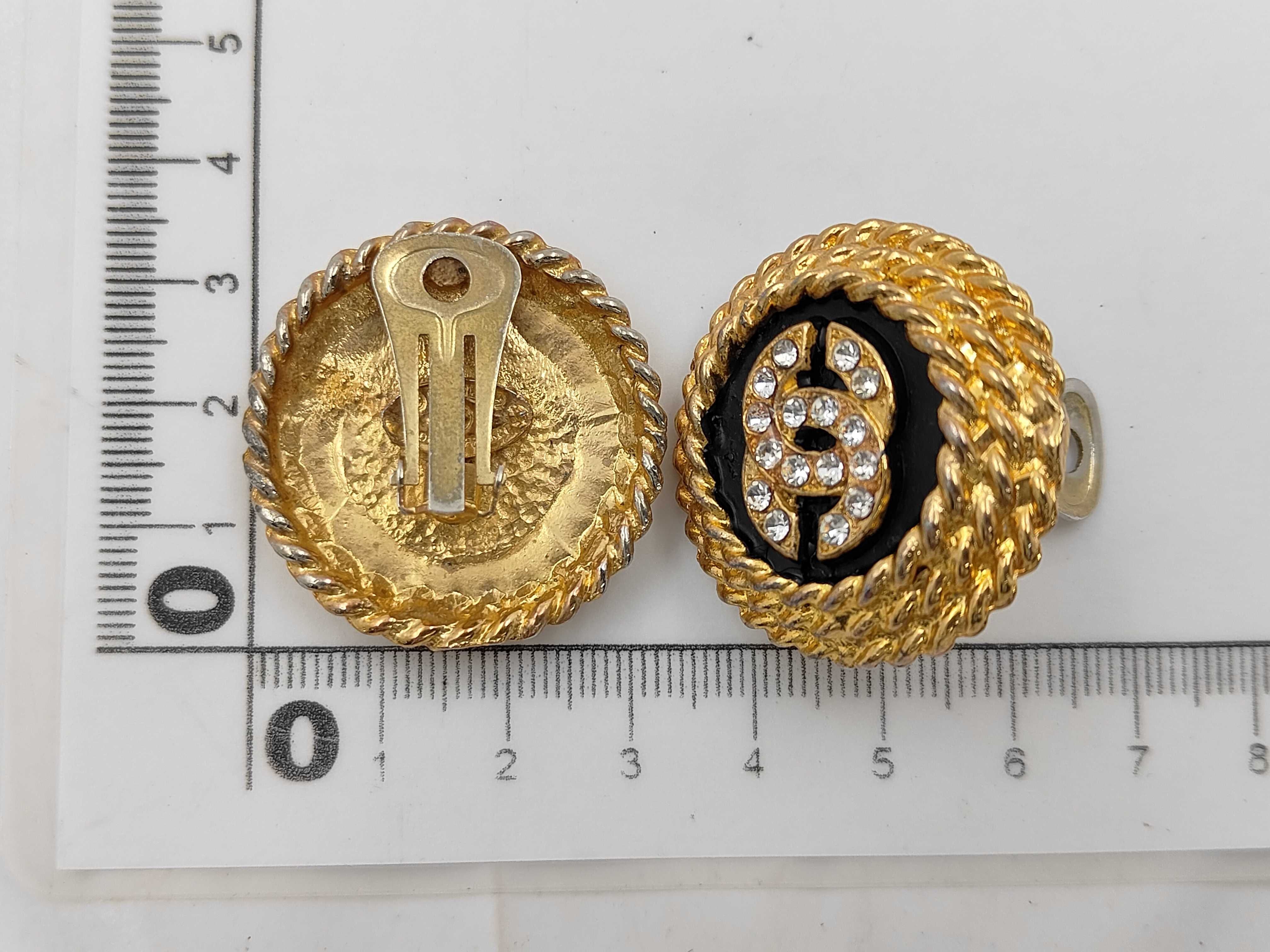 Coco Mark Black Gold Rhinestone Earrings with Engraved Plate — view 6