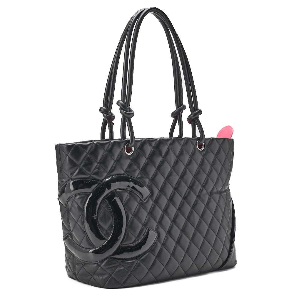 Calf leather x enamel Cambon line tote bag, black — view 3