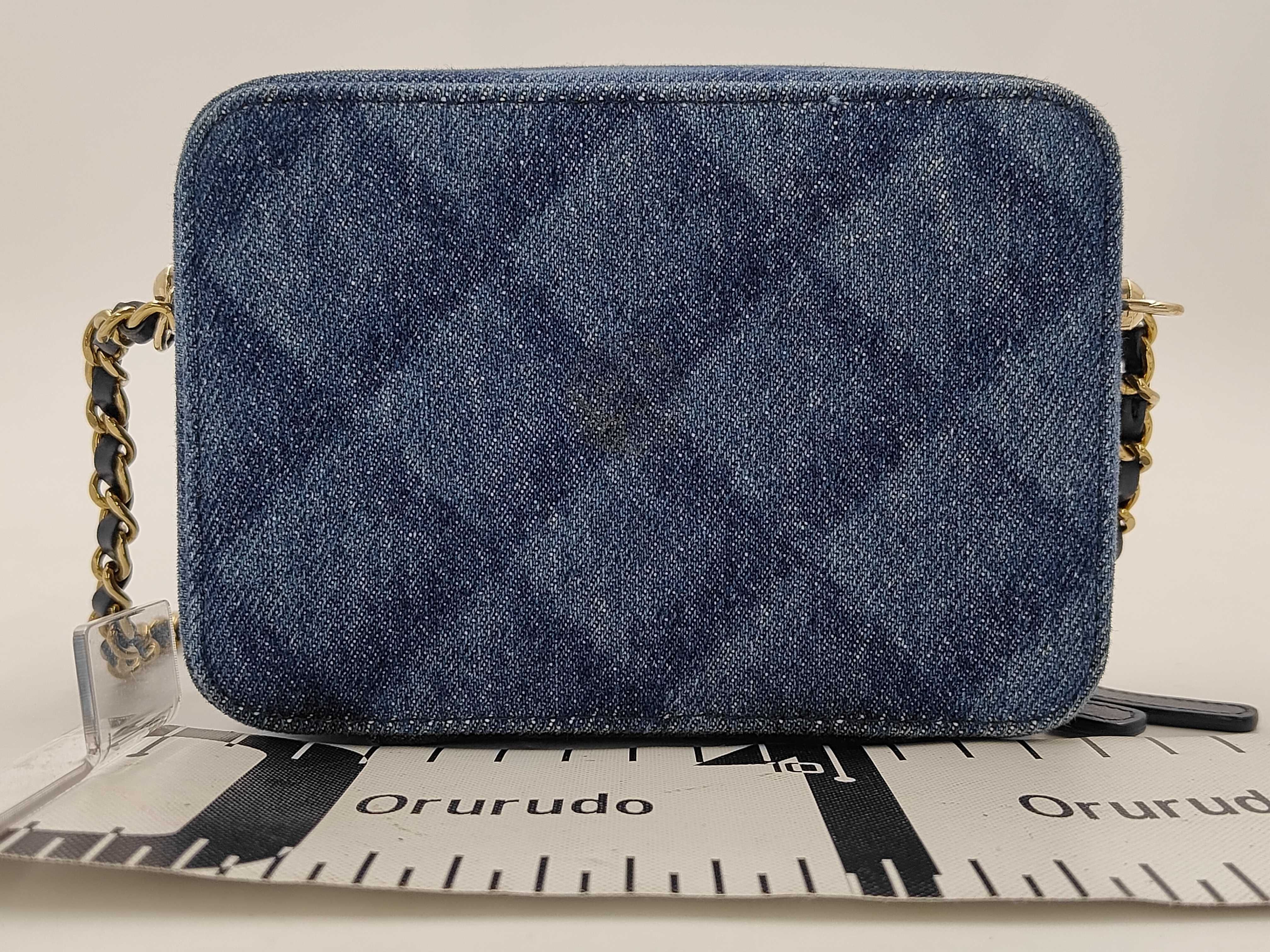 Blue Quilted Denim Gold Ball Vanity Case Shoulder Bag — view 2