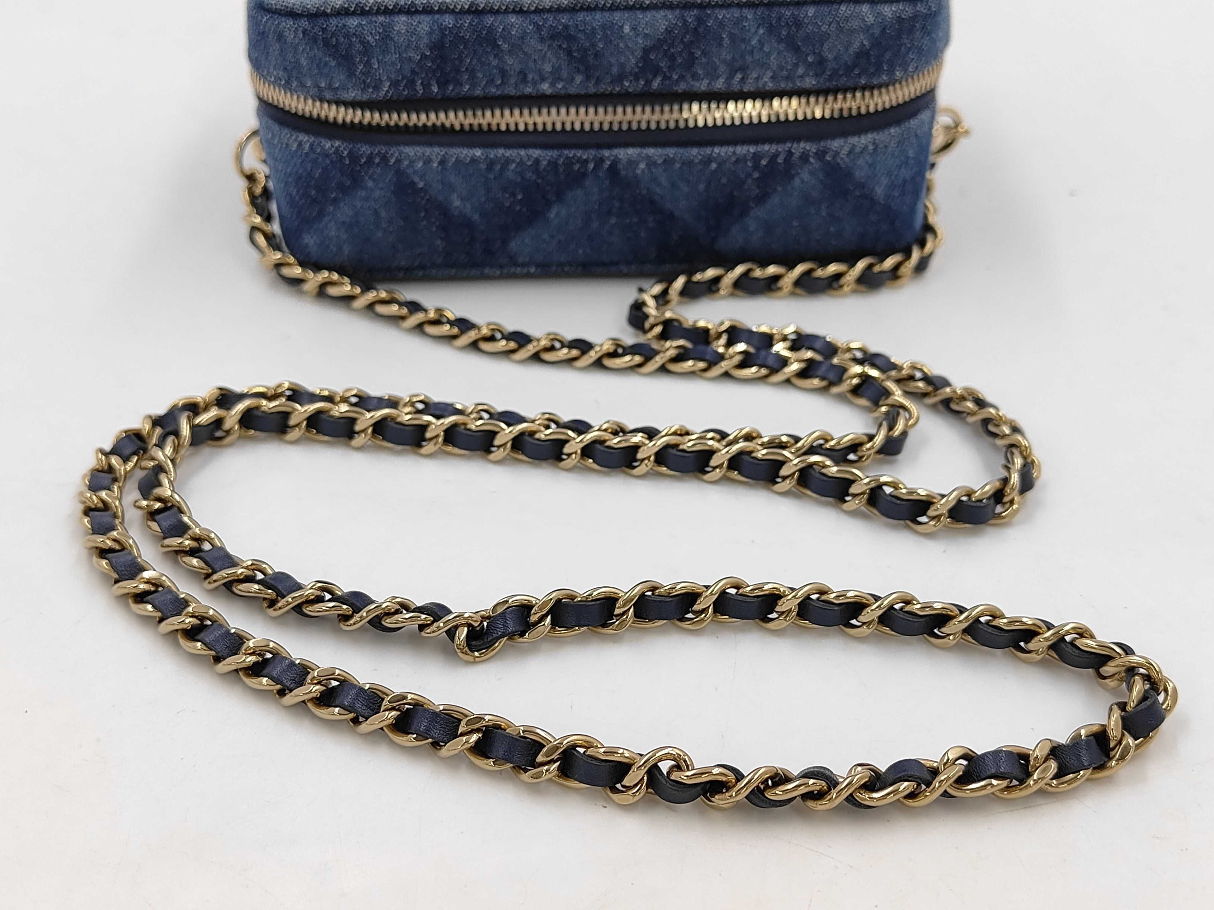 Blue Quilted Denim Gold Ball Vanity Case Shoulder Bag — view 3