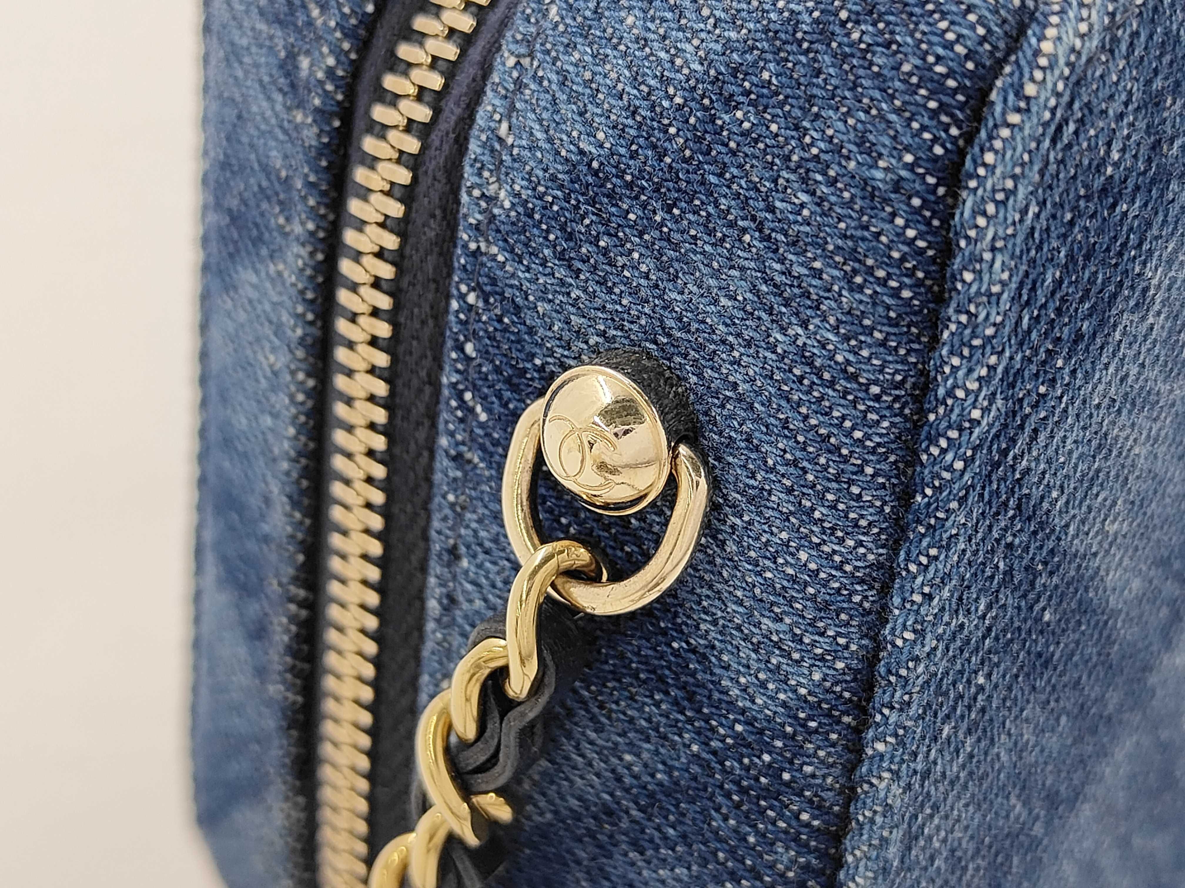 Blue Quilted Denim Gold Ball Vanity Case Shoulder Bag — view 5