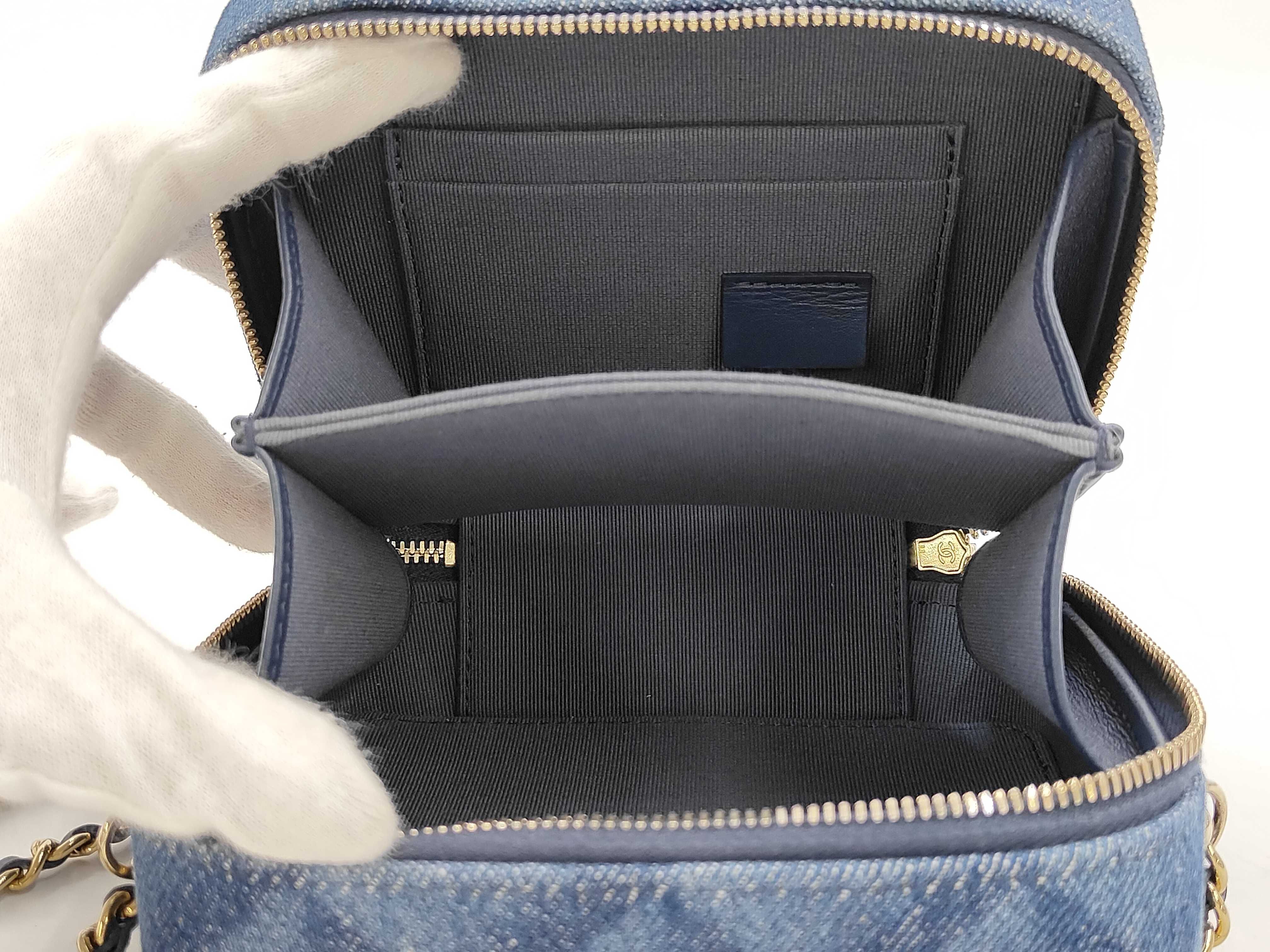 Blue Quilted Denim Gold Ball Vanity Case Shoulder Bag — view 9