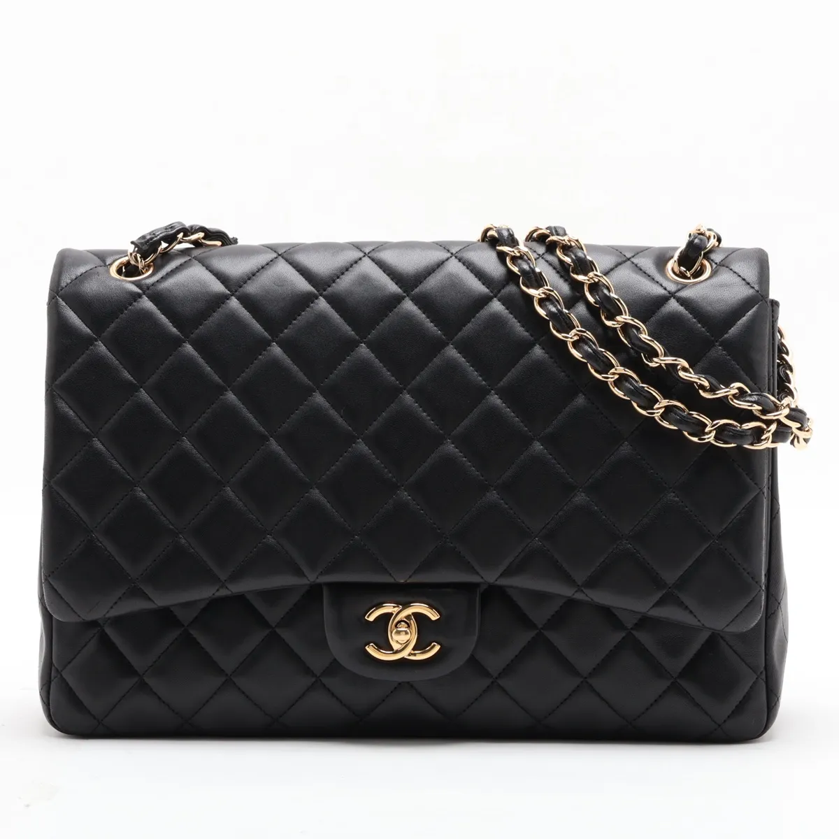 Large Matelassé 34 Maxi Lambskin Single Flap Double Chain Bag, Black with Gold Hardware, 13806100, Serial Number 13-series, A58601