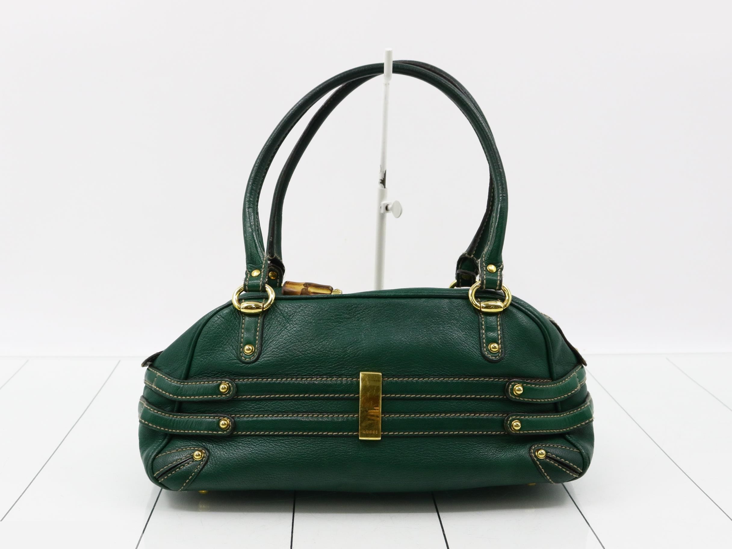 Bamboo Leather Horsebit Semi-Shoulder Bag (Green) — view 2
