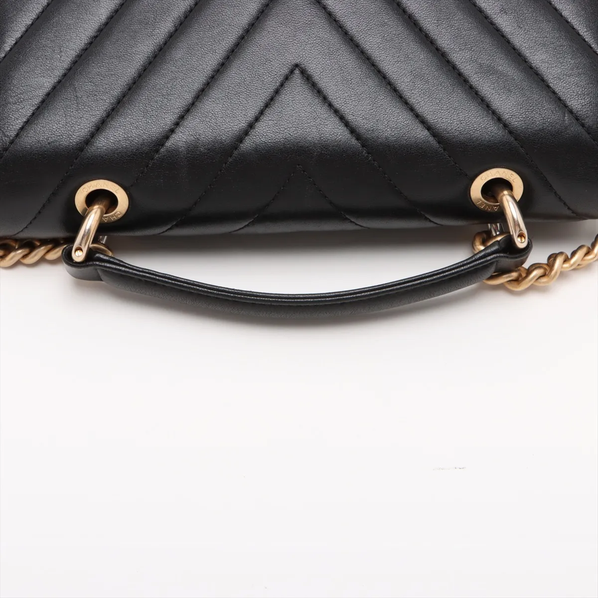 V-stitch lambskin 2-way handbag, chevron black with gold hardware, 24408763, serial number in the 24 range. — view 5
