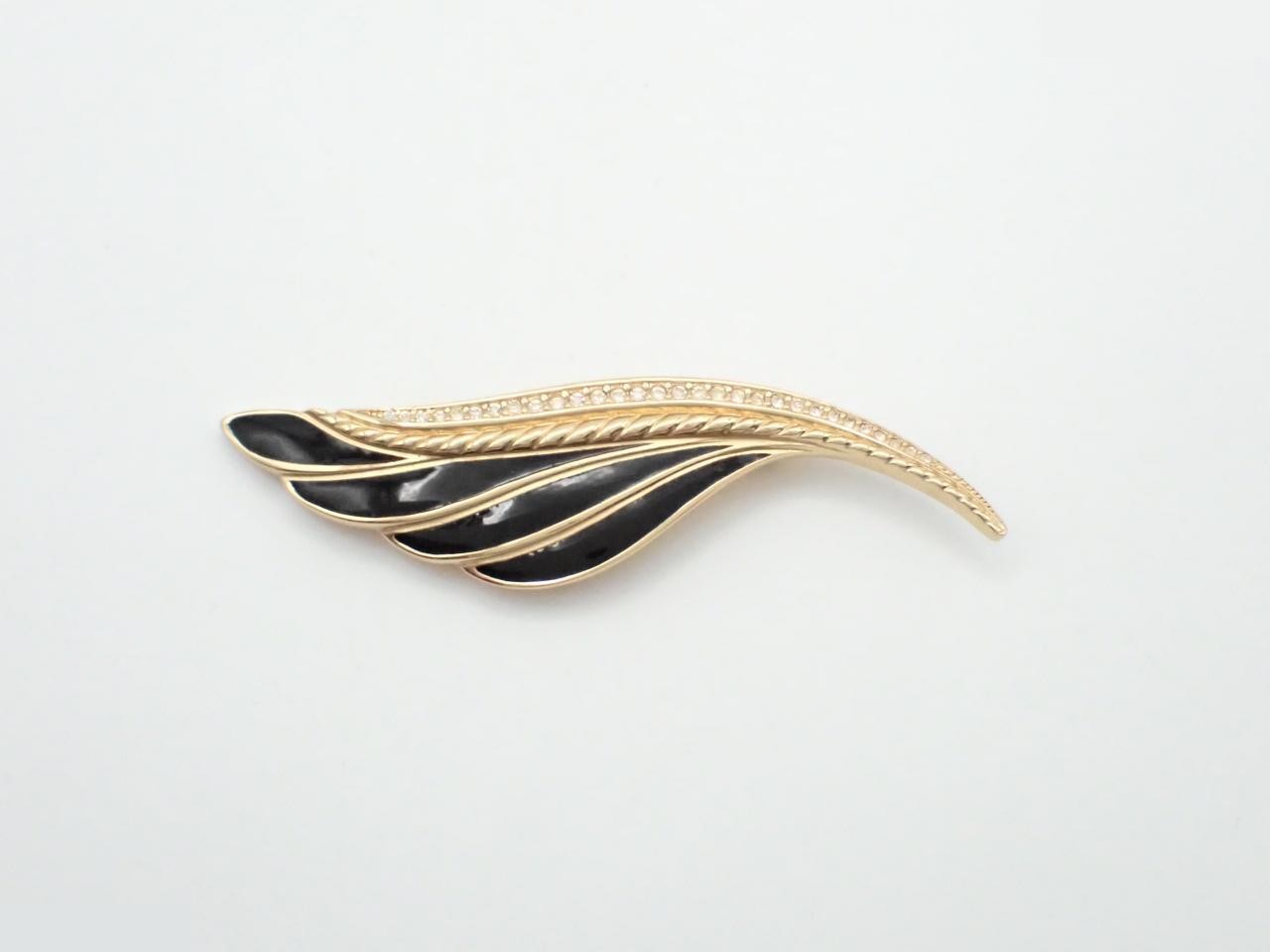 Brooch, feather motif, rhinestone, gold, black