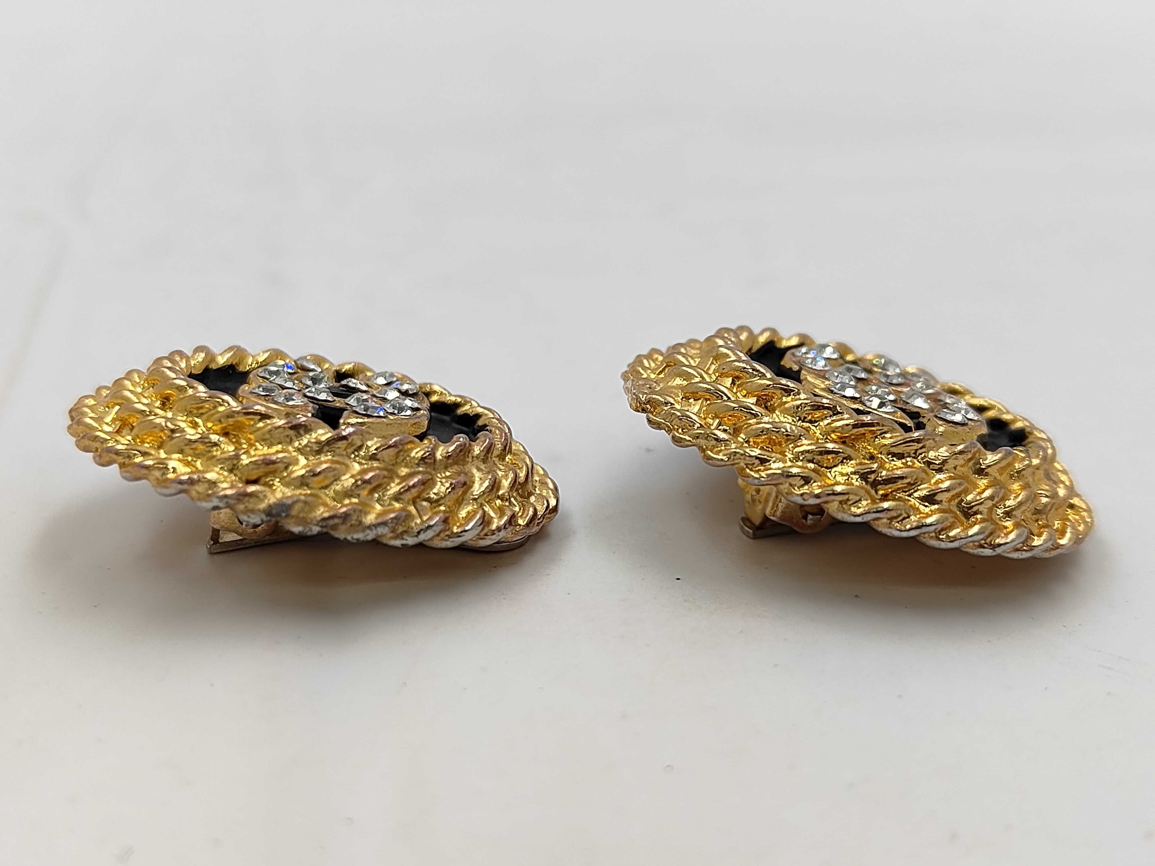 Coco Mark Black Gold Rhinestone Earrings with Engraved Plate — view 3