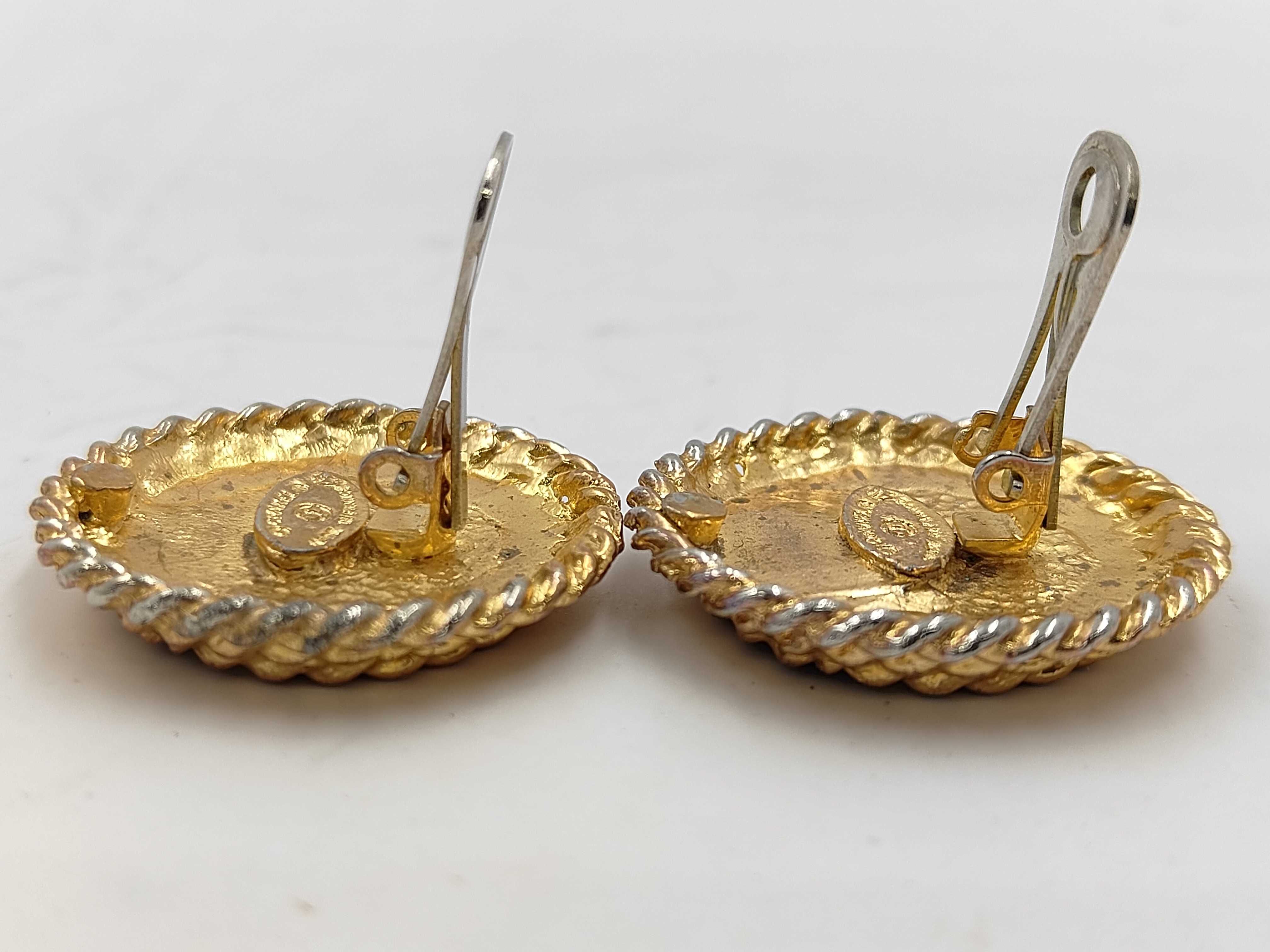 Coco Mark Black Gold Rhinestone Earrings with Engraved Plate — view 4