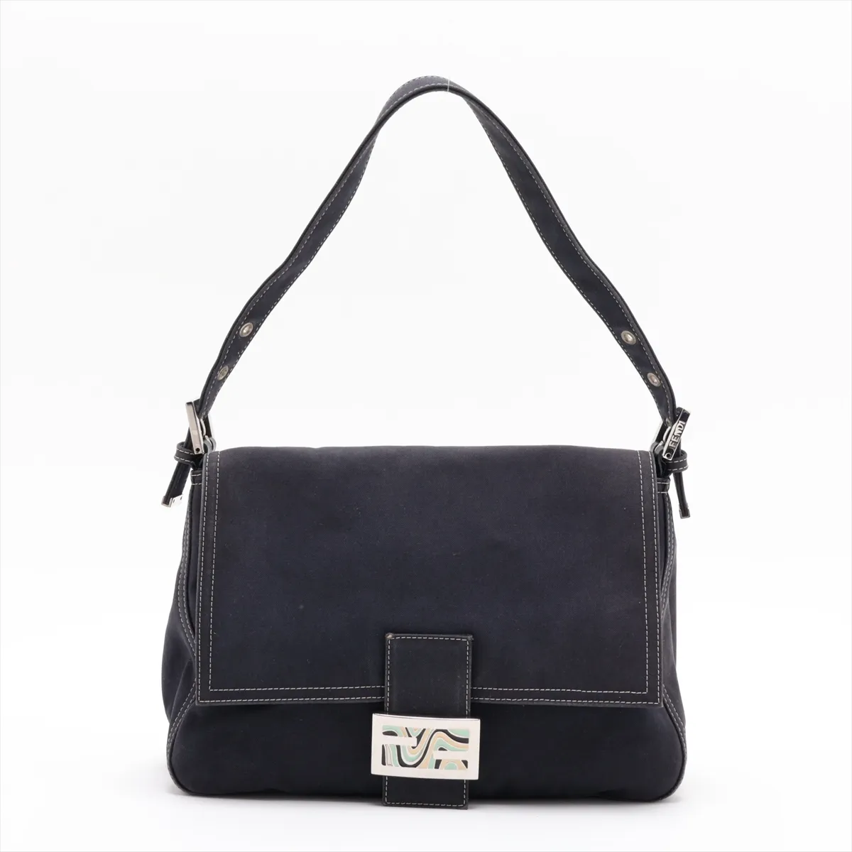 Mamma Bucket Denim Shoulder Bag, Blue, No screws or hardware on the clasp.
