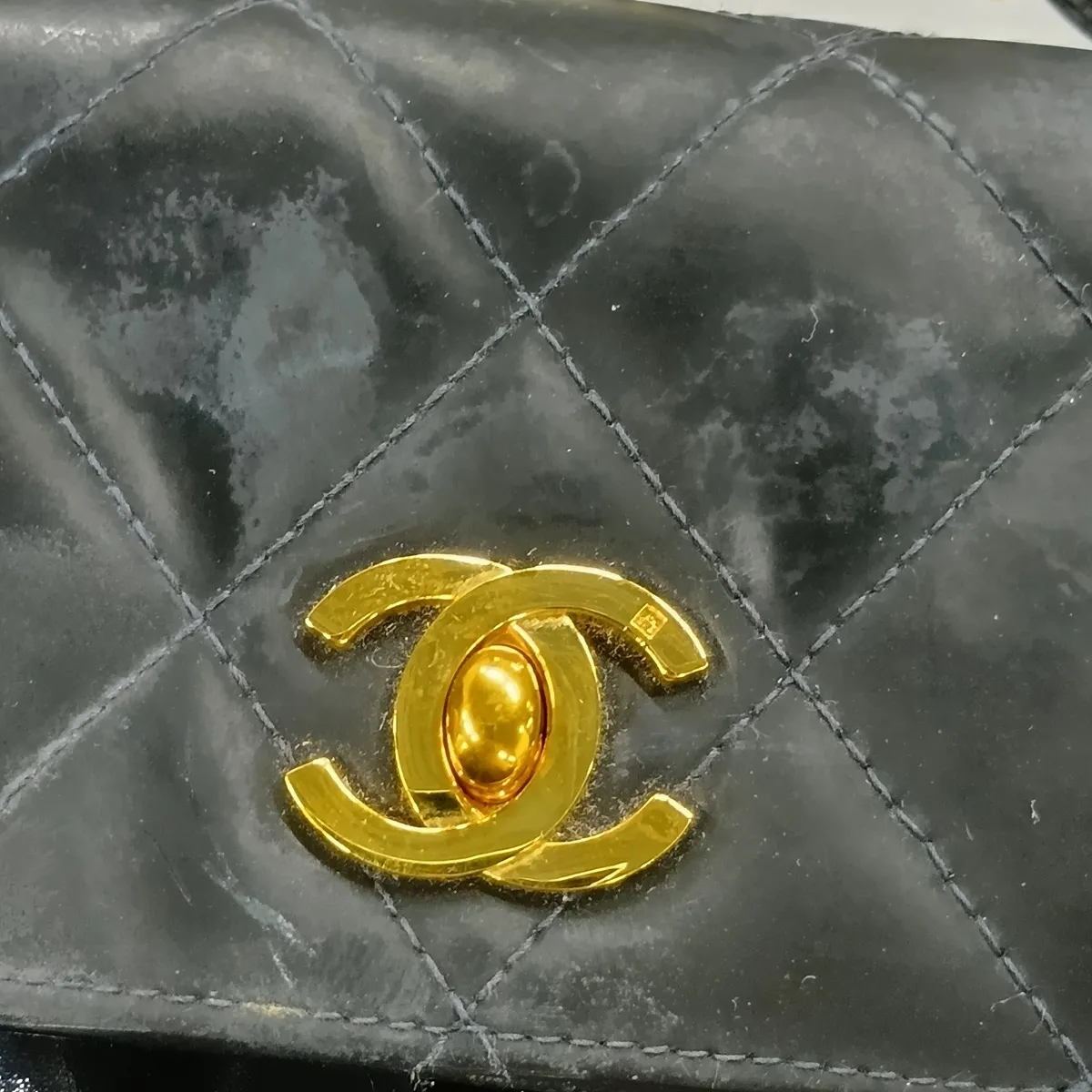 Matelassé Patent Leather Chain Handbag, Black with Gold Hardware, Item Number 3721766 (Serial Number 3) — view 10
