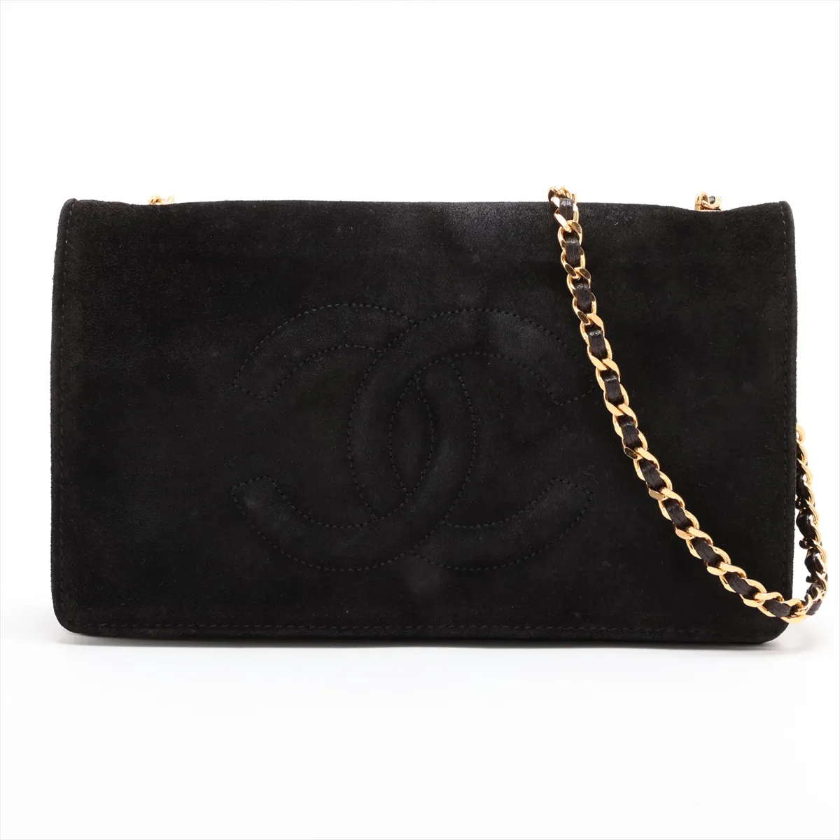 Coco Mark Suede x Leather Chain Wallet, Black with Gold Hardware, 3701143, Series 3