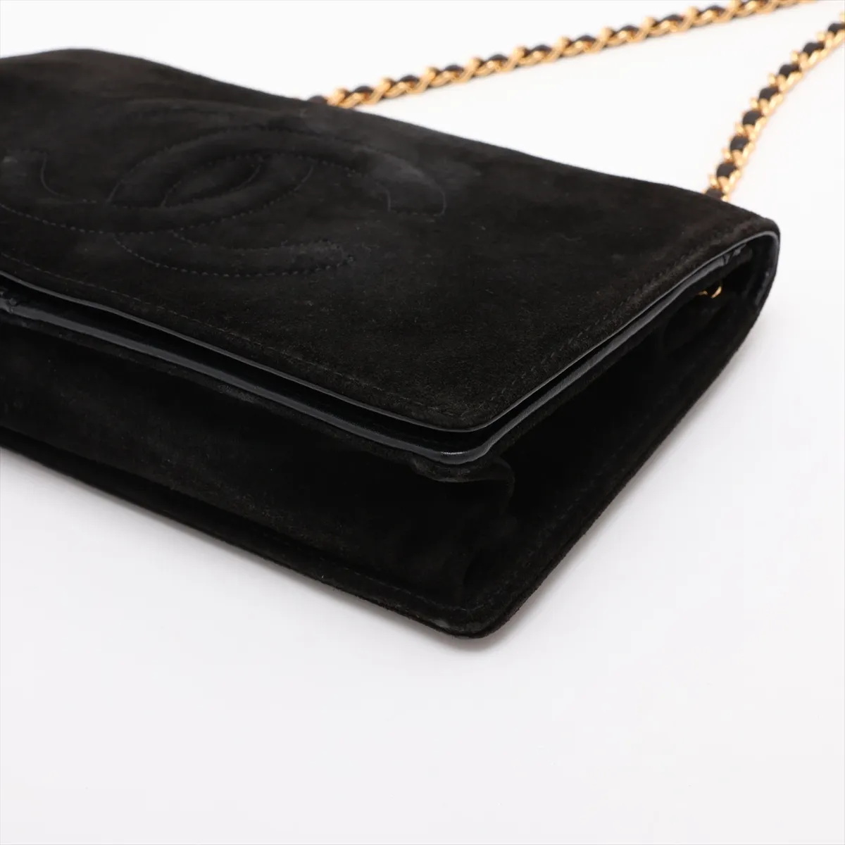 Coco Mark Suede x Leather Chain Wallet, Black with Gold Hardware, 3701143, Series 3 — view 3