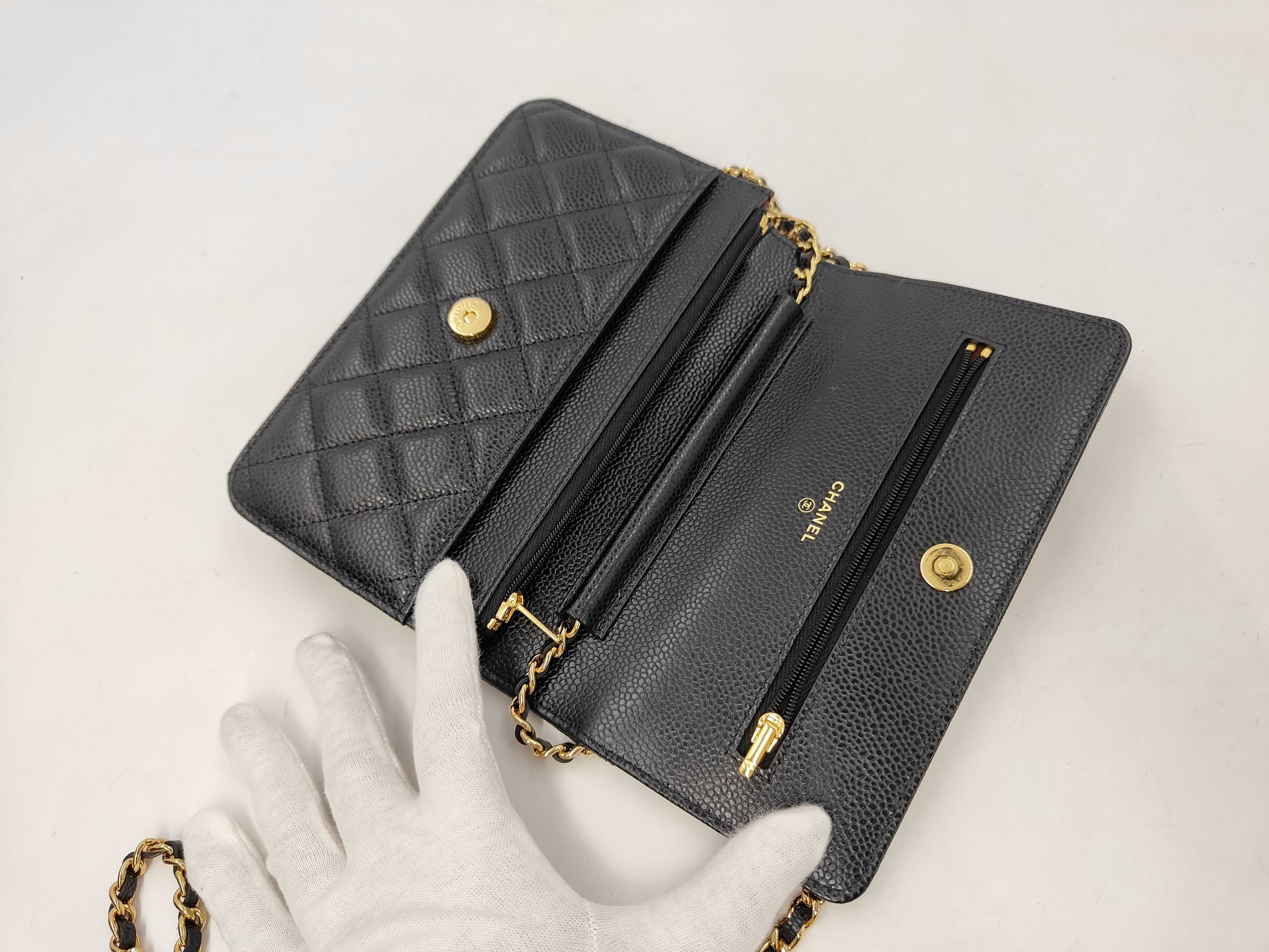 Matelassé Chain Wallet, Black Caviar Leather, Gold Hardware, Shoulder Bag — view 8