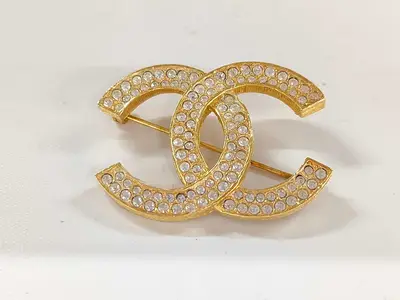 Brooch with Box, Rhinestone and Gold