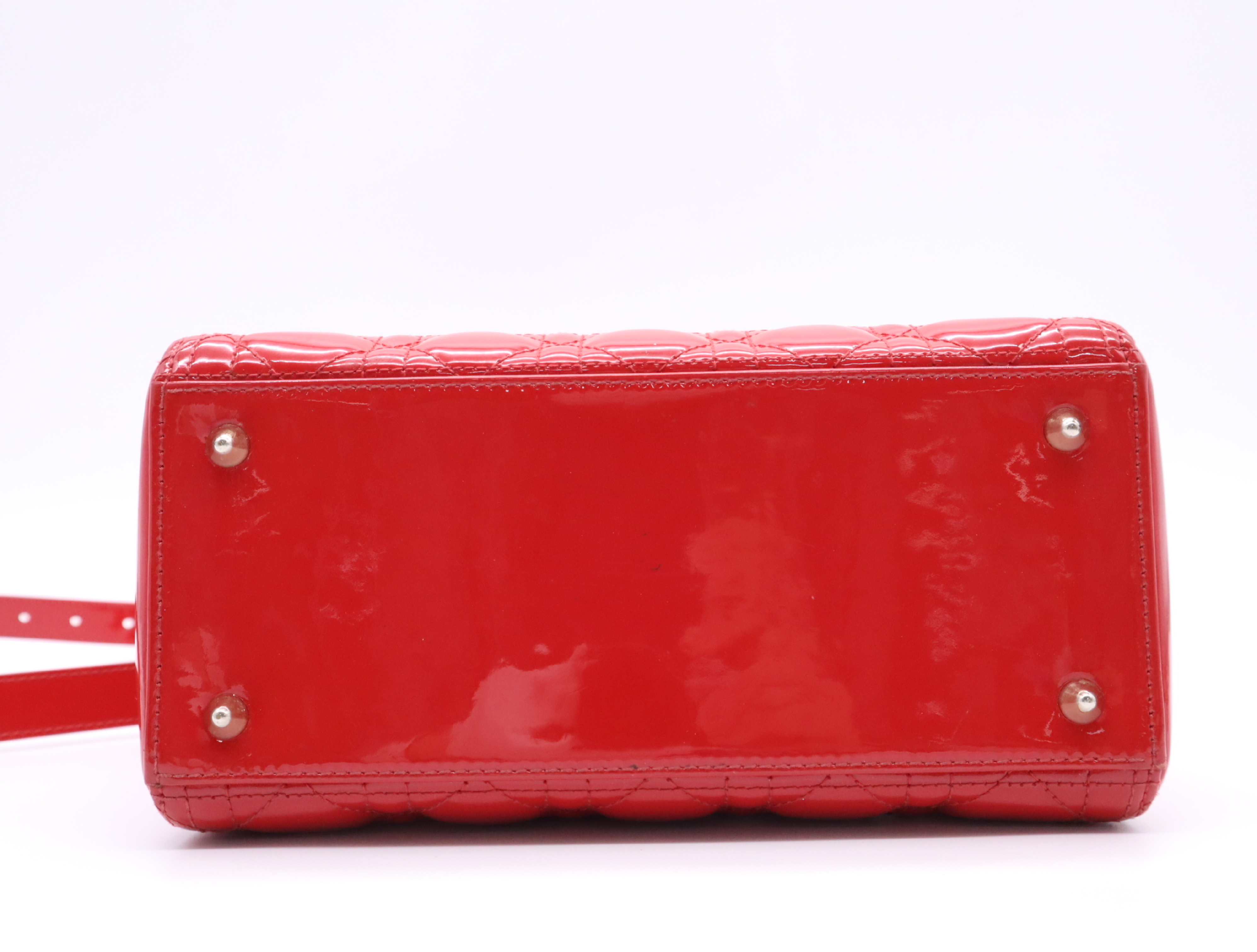 Patent Leather Lady Dior Cannage Handbag, Red, with Shoulder Strap — view 4