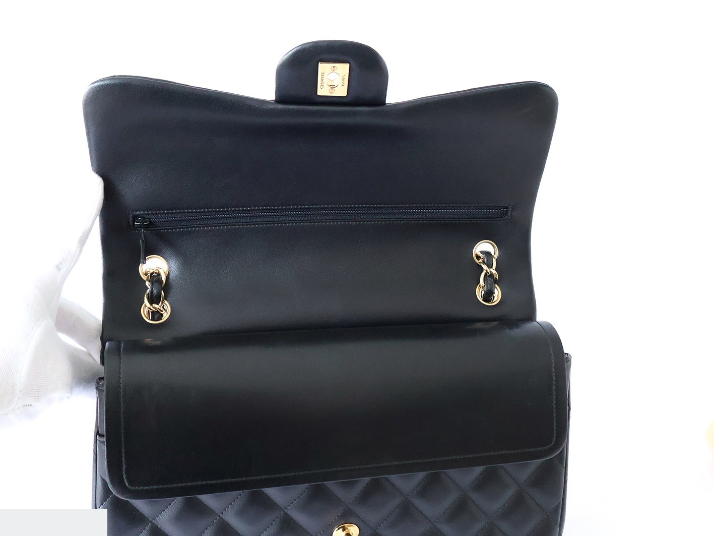 Large Matelassé 30 Lambskin Double Flap Double Chain Shoulder Bag, Black — view 10