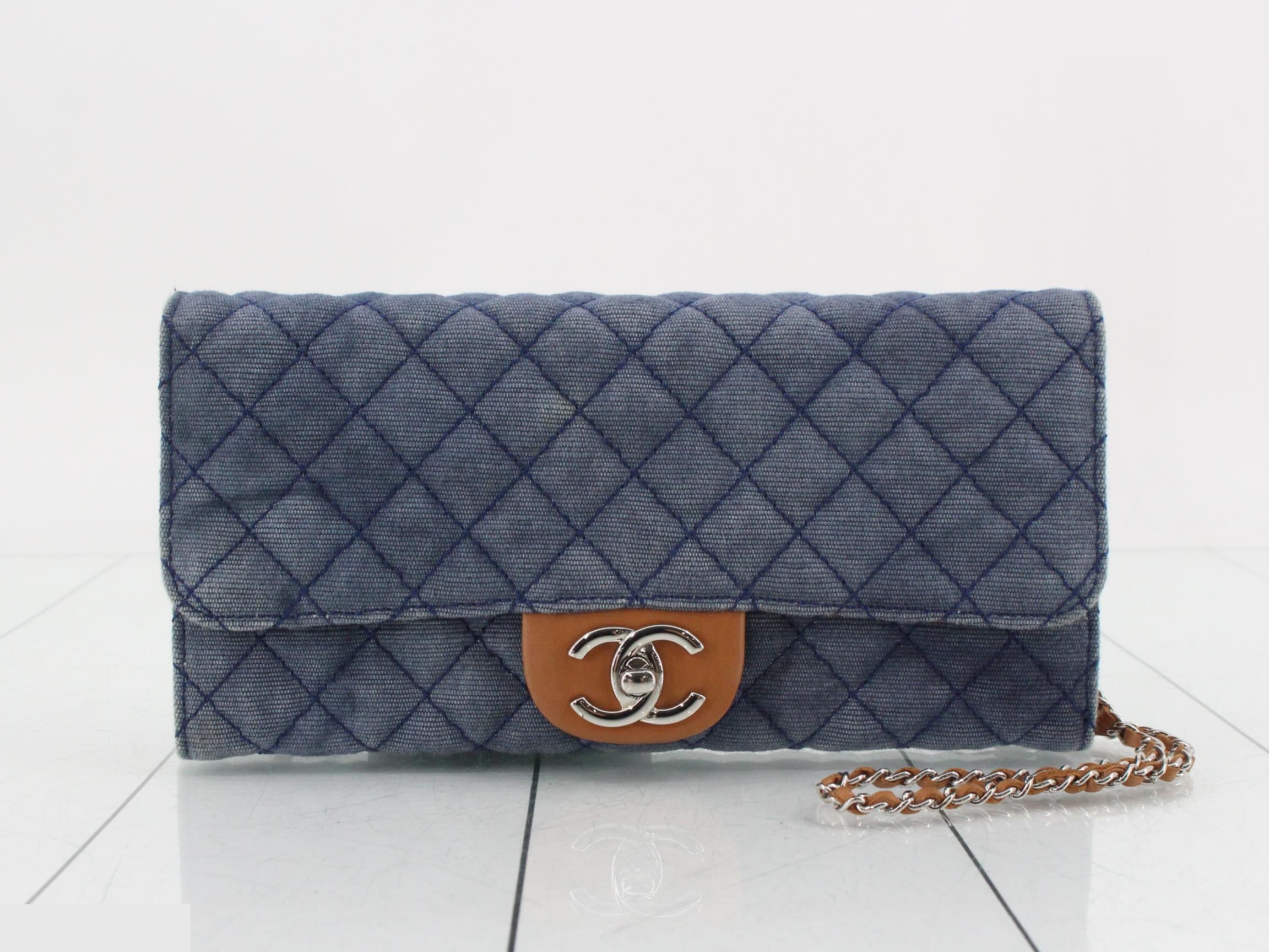 Matelassé Denim/Leather Turnlock Chain Wallet
