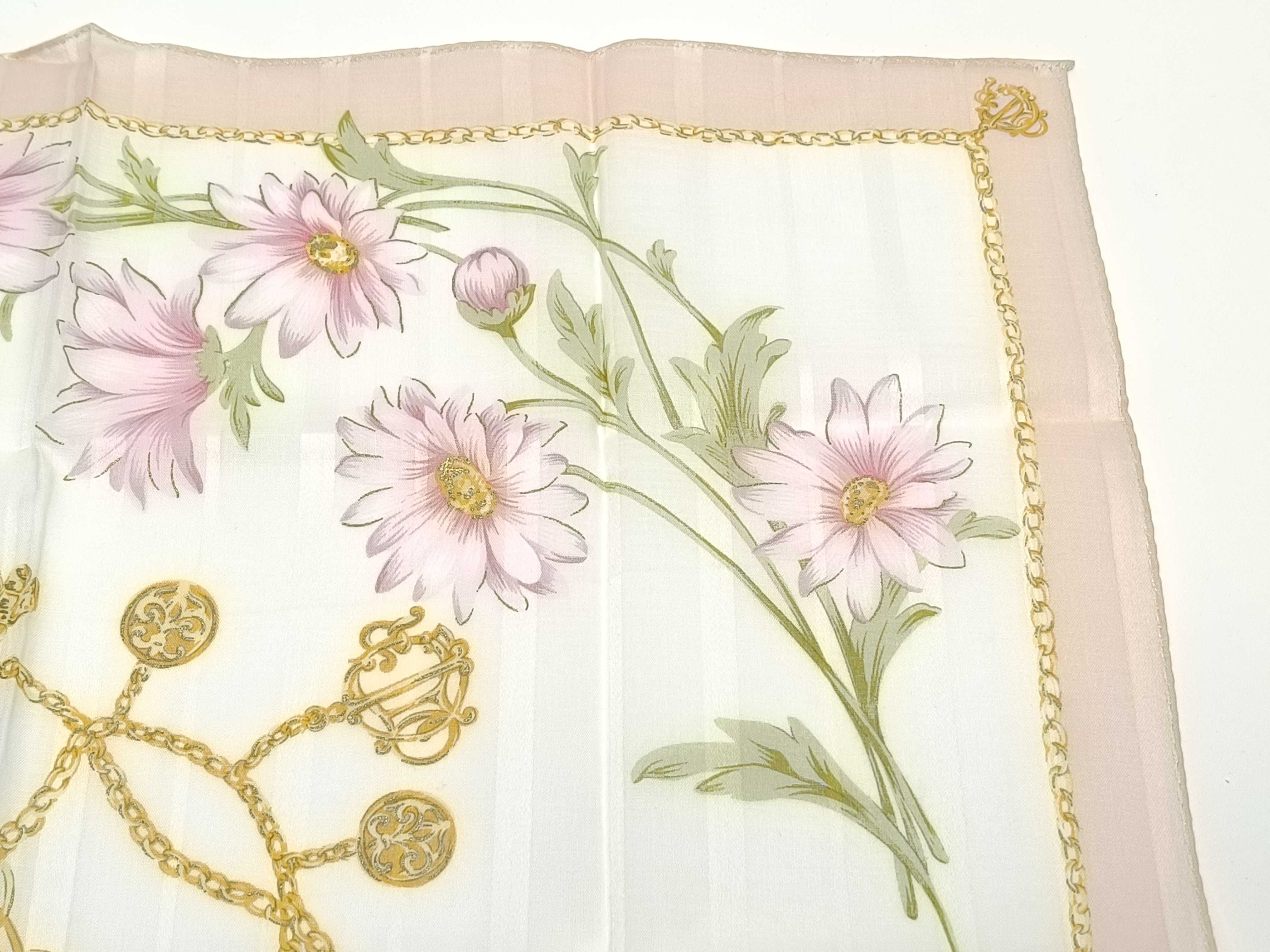 handkerchief scarf with sticker, emblem, logo chain, floral pattern, pink, and other accessories. — view 7