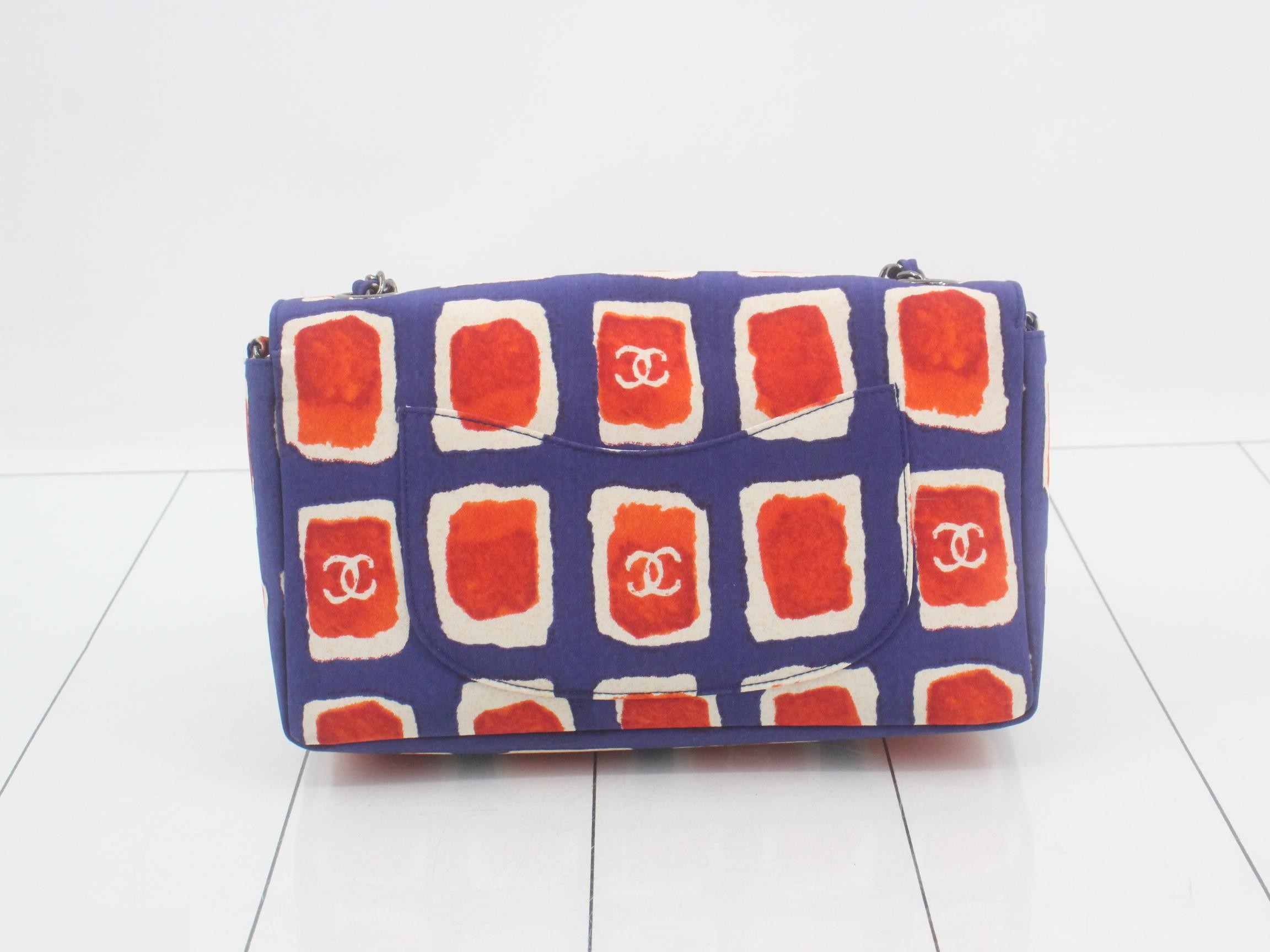 Single flap silk chain shoulder bag, blue x orange x white — view 2