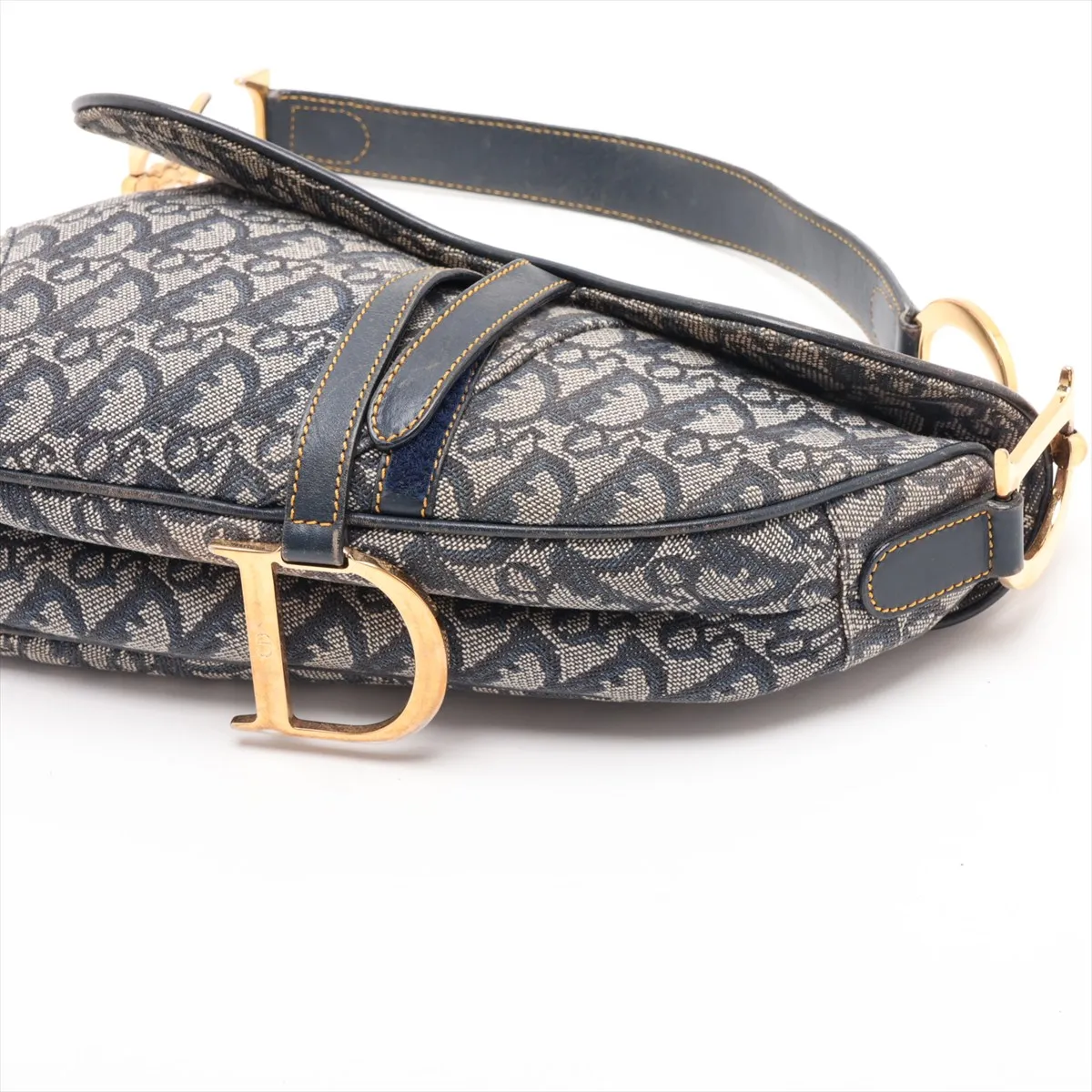 Trotter Saddle Canvas x Leather Shoulder Bag, Beige x Navy, Unsigned Guarantee Card — view 3