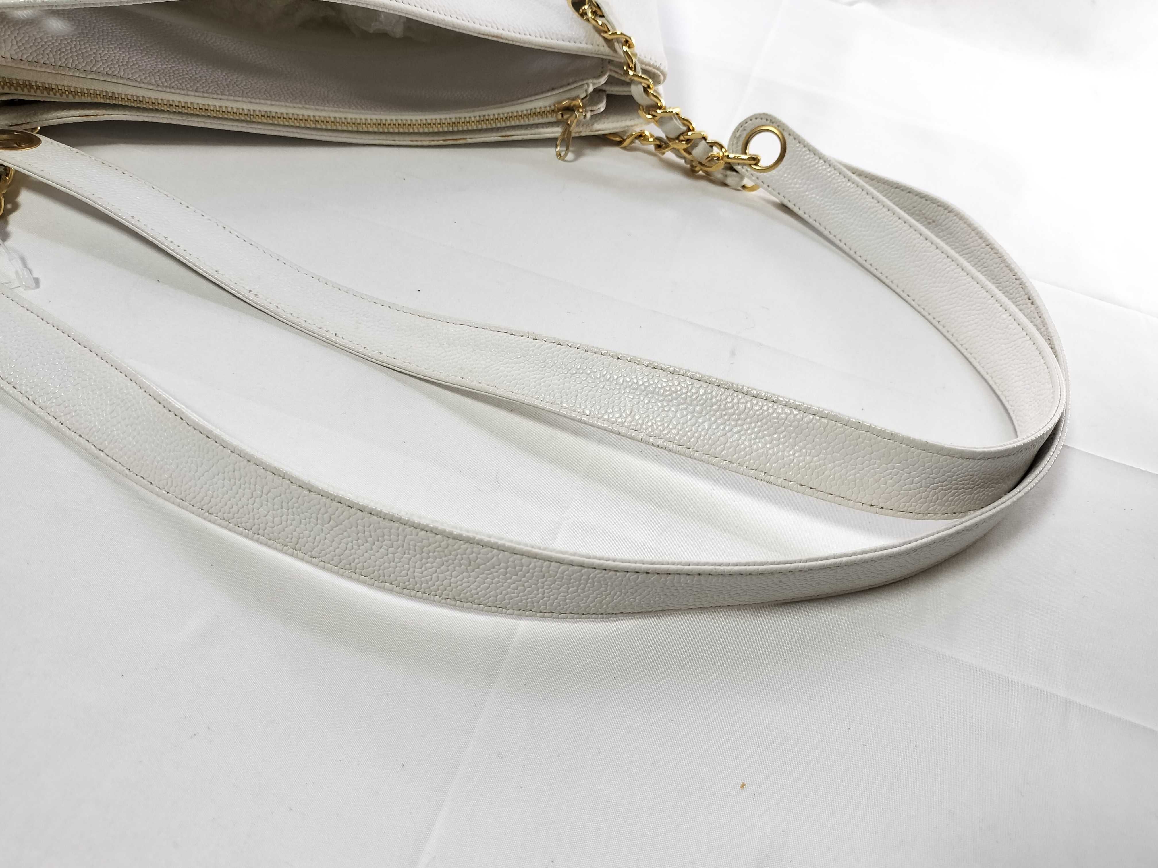 Caviar Skin Large Coco Chain Handbag/Tote, Series 4, White, Fringe Tote Bag — view 3