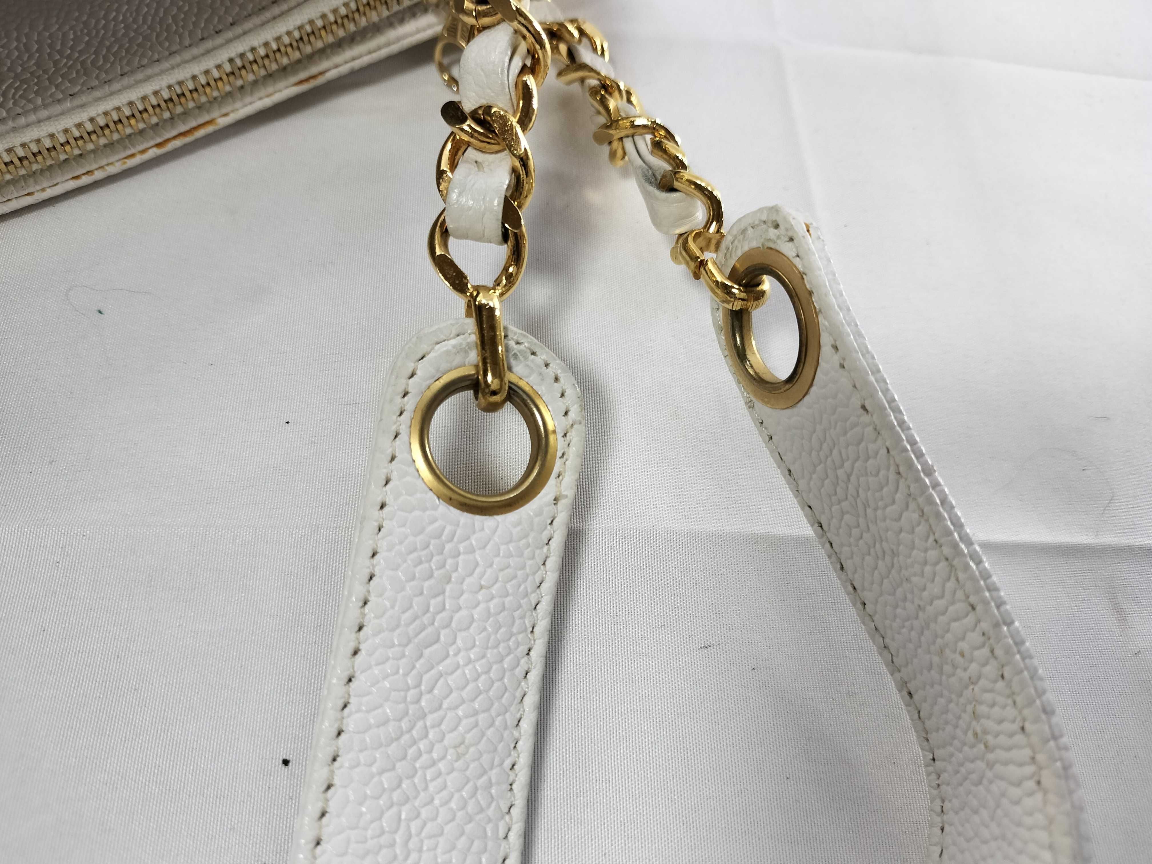 Caviar Skin Large Coco Chain Handbag/Tote, Series 4, White, Fringe Tote Bag — view 4
