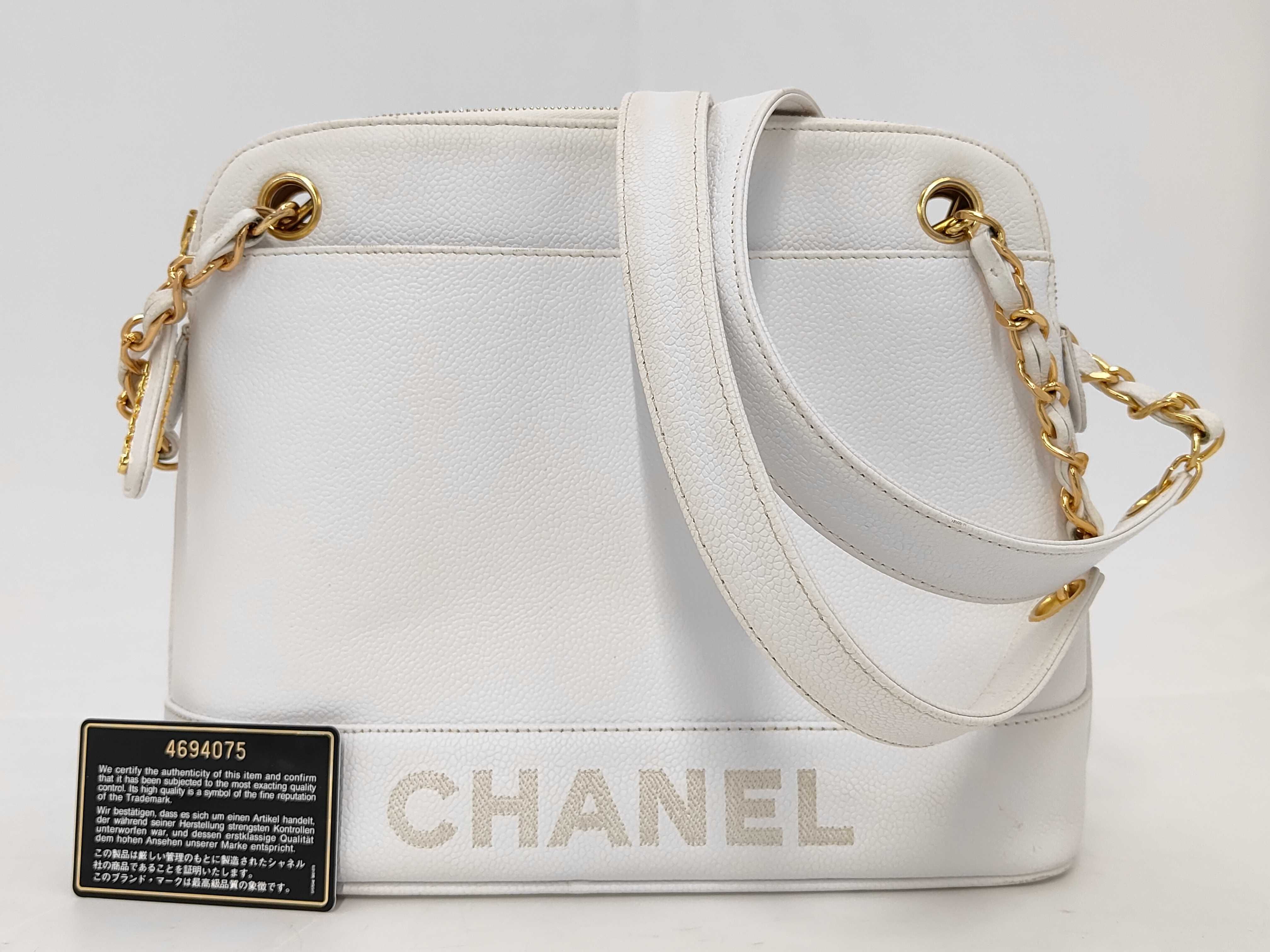 Caviar Skin Chain Tote White Shoulder Bag