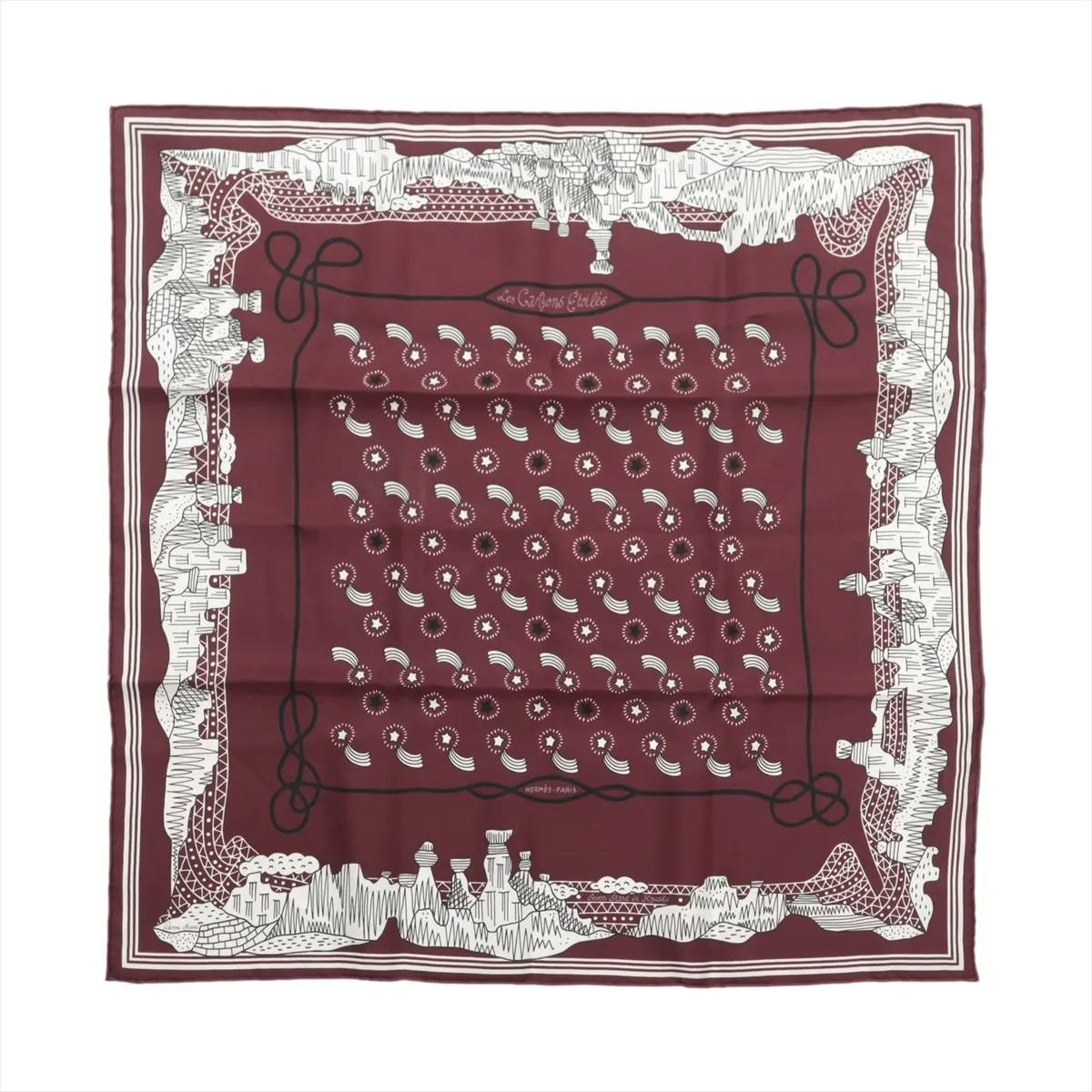 Hermès Carre 55 "Les Canyons Etoiles" (From the Canyons to the Stars) Silk Scarf, Bordeaux, Slight wear and tear.